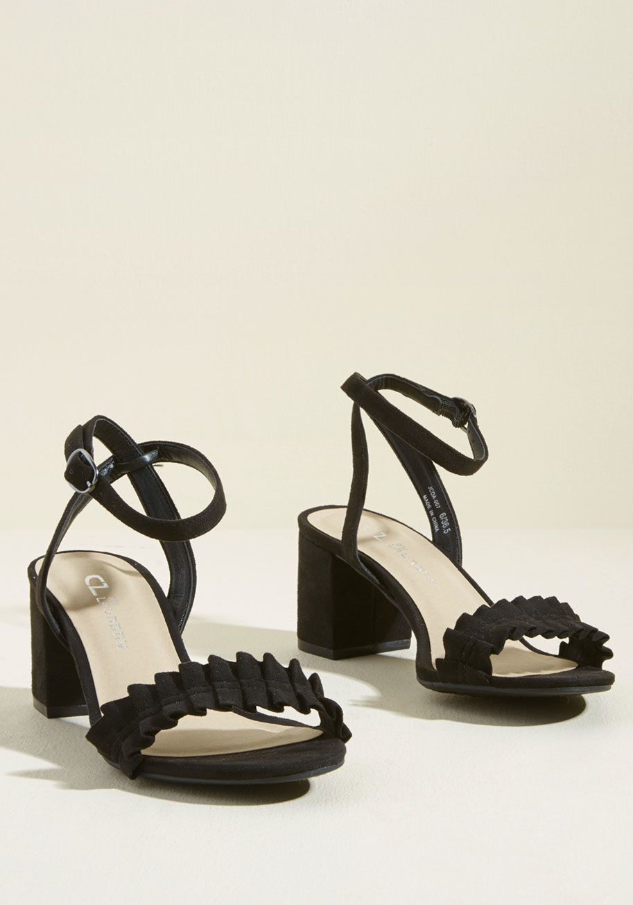 Jamz - The ruffled straps atop these black heels are sweet enough to be saved for a special occasion - or rocked on the reg! It's on you to decide how frequently you'll flaunt the strappy ankles, midi block heels, and faux-suede fabric of these cool kicks, but s