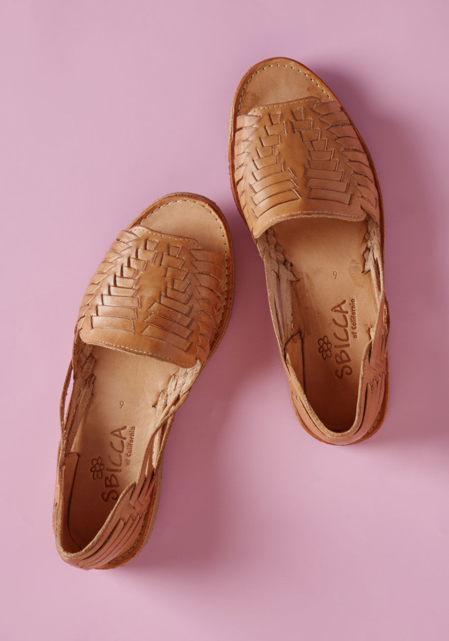 Jared - You're used to praise over your posh ensembles, but these tan peep toes will invite acclaim so genuine, you might just have to wear them every day! With a collection of straps weaving through their toes, sides, and heels, these leather flats are your pair