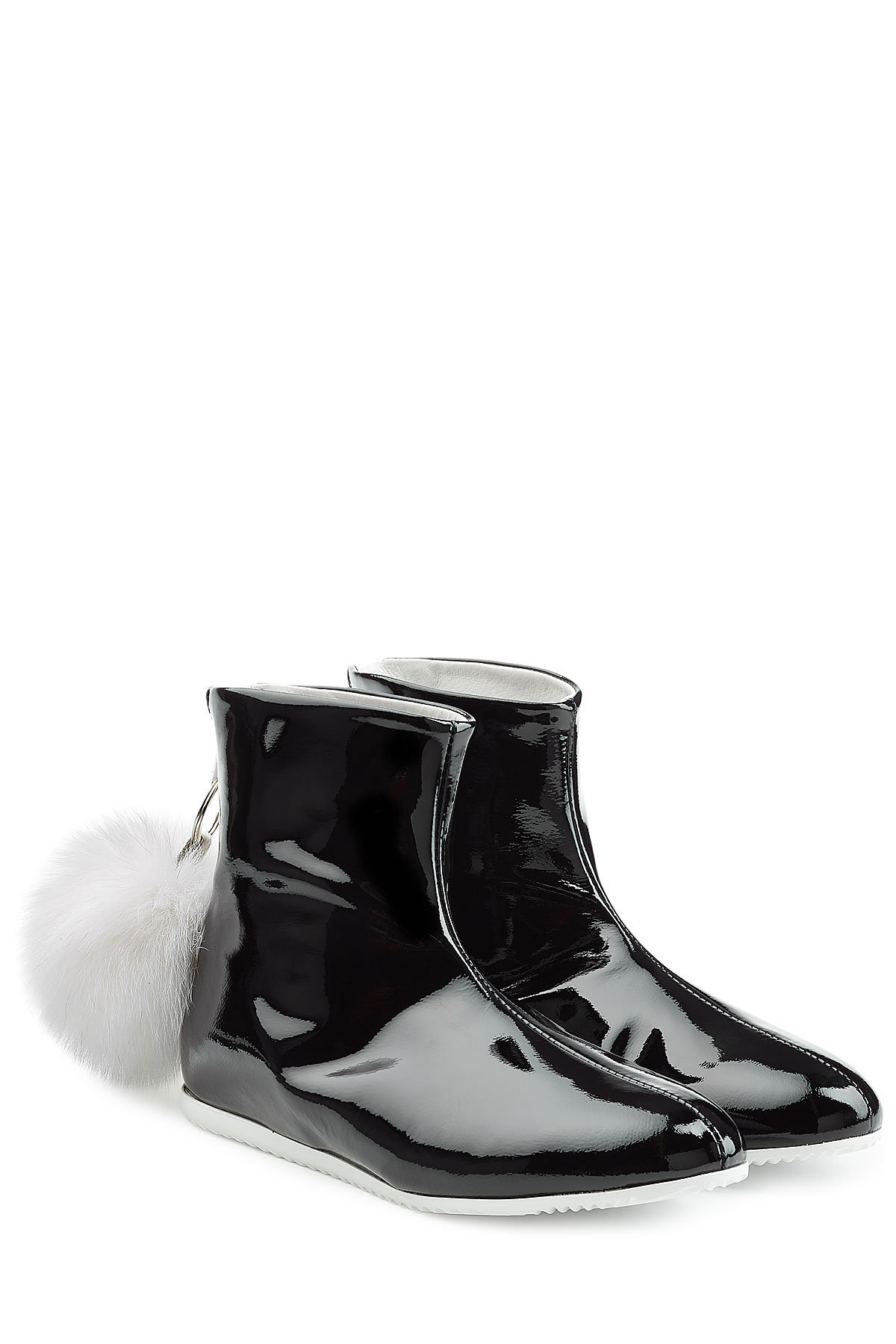 Joshua Sanders - Patent Leather Boots with Fur Pom-Pom