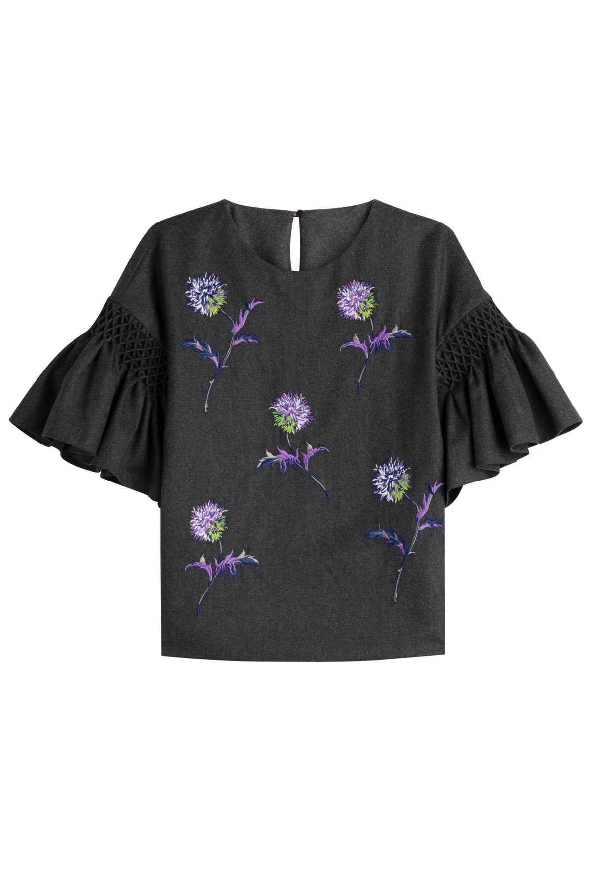 Kenzo - Embroidered Wool Top with Ruffled Sleeves