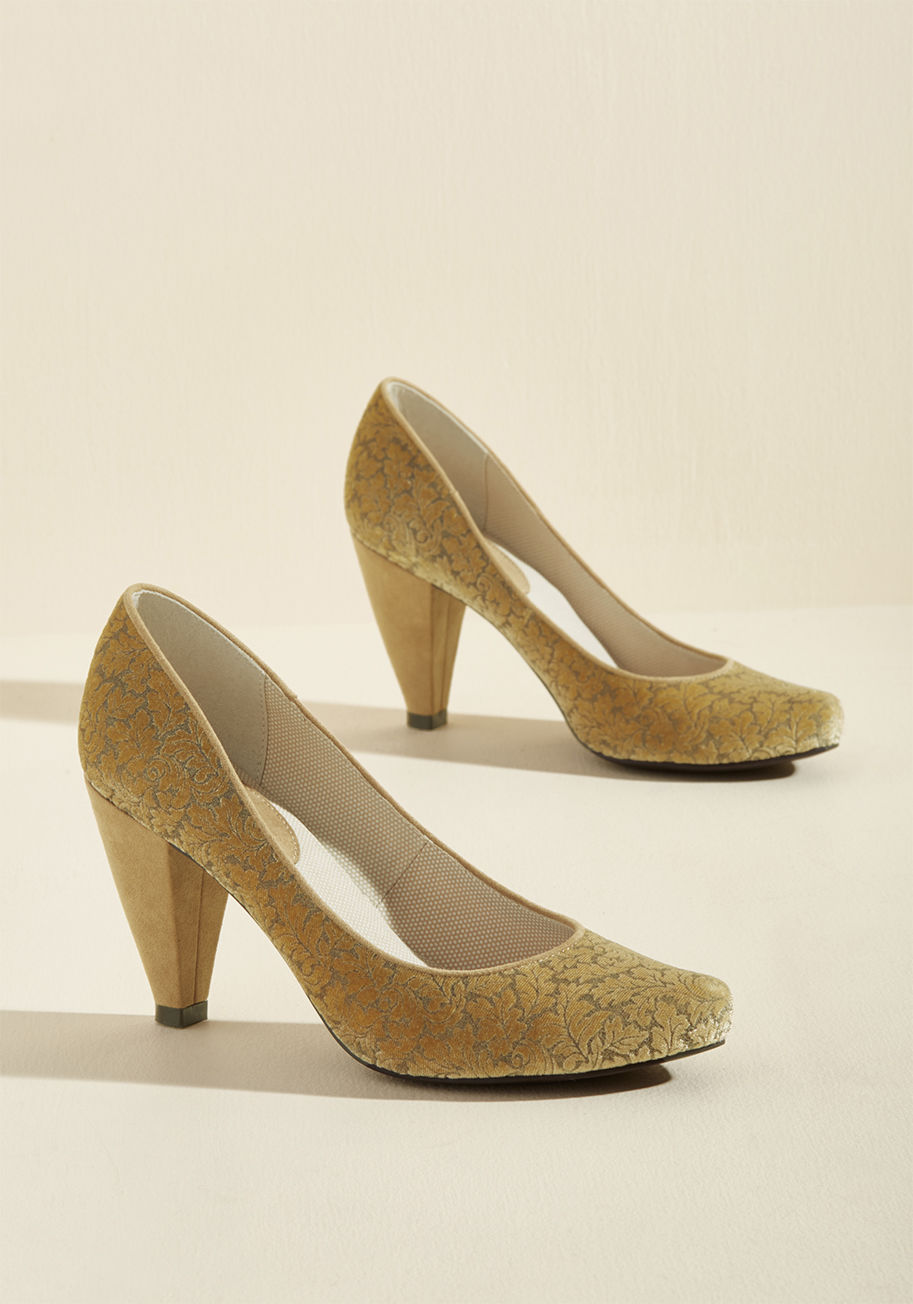 leah - Stand tall, hold your head high, and allow these gold heels encourage your full confidence to shine! Swirling with velvet leaves and supported by tapered taupe pumps, these elegant kicks from Ruby Shoo celebrate your stance of sophistication