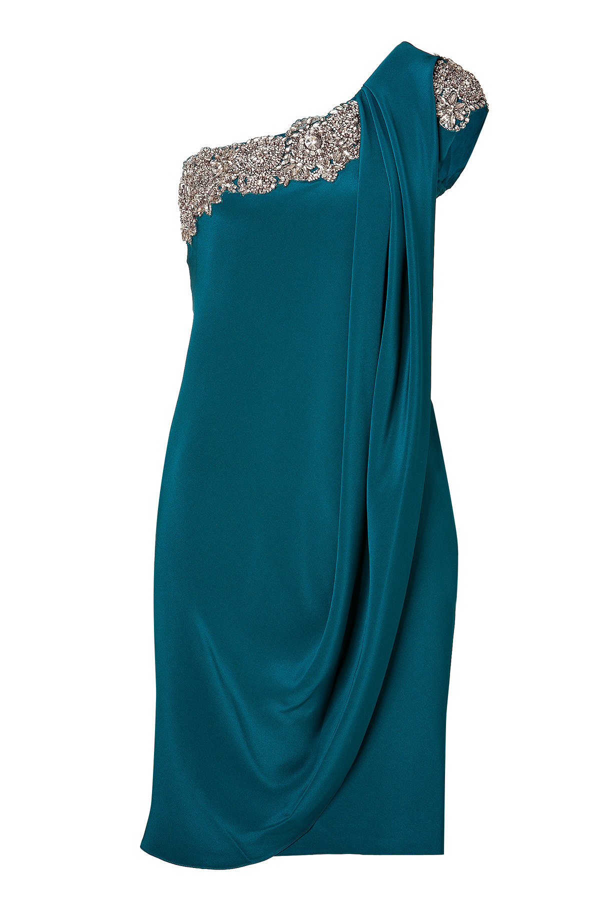 Crystal Embroidered Silk Crepe One Shoulder Dress in Teal by Marchesa