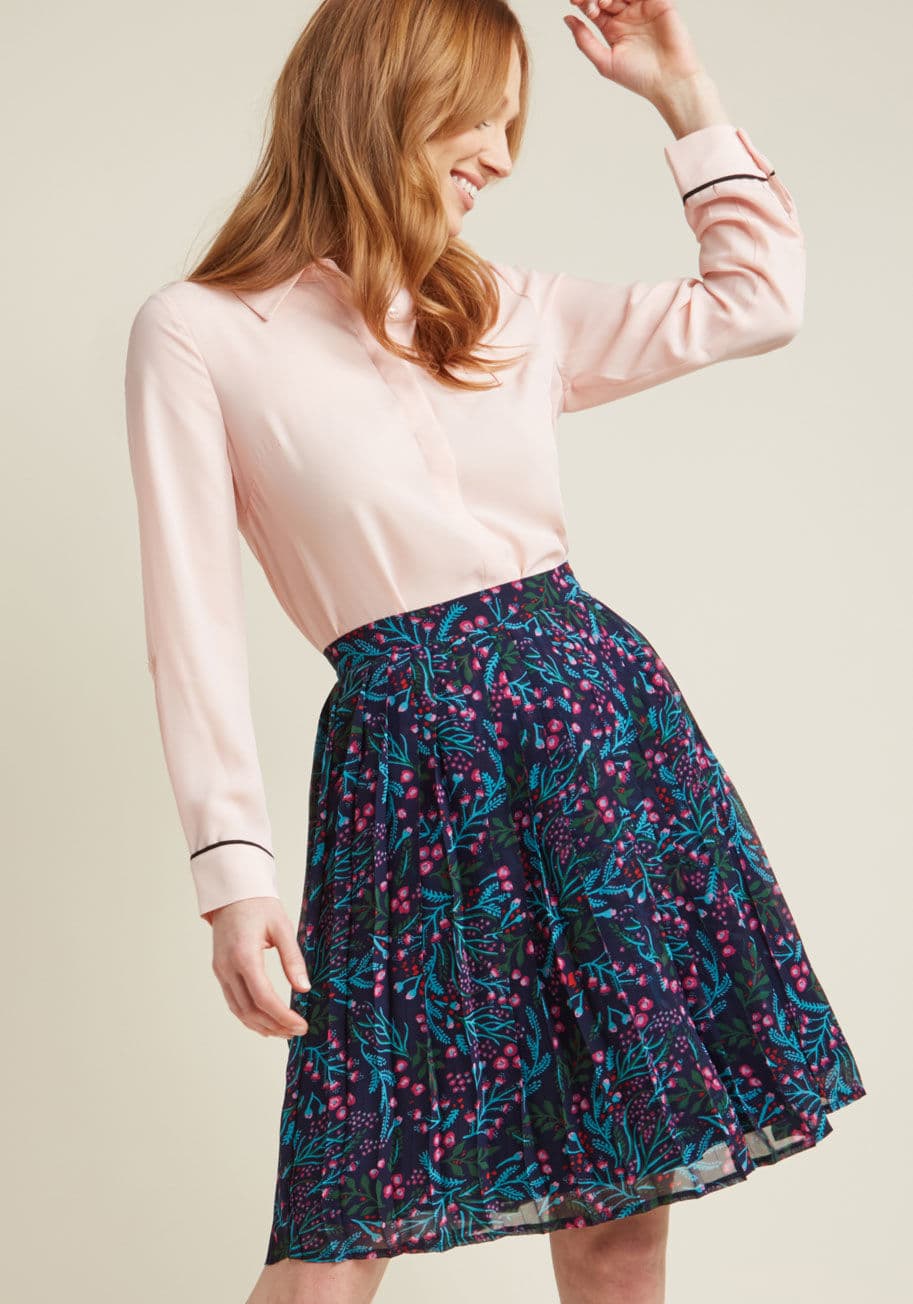 MCB1191B - There are a few simple reasons why pleated skirts are always at the height of style. This navynumber from our ModCloth namesake label exemplifies the flattering shape and dimensional elements this look offers through its A-line silhouette, chiffon fabric,