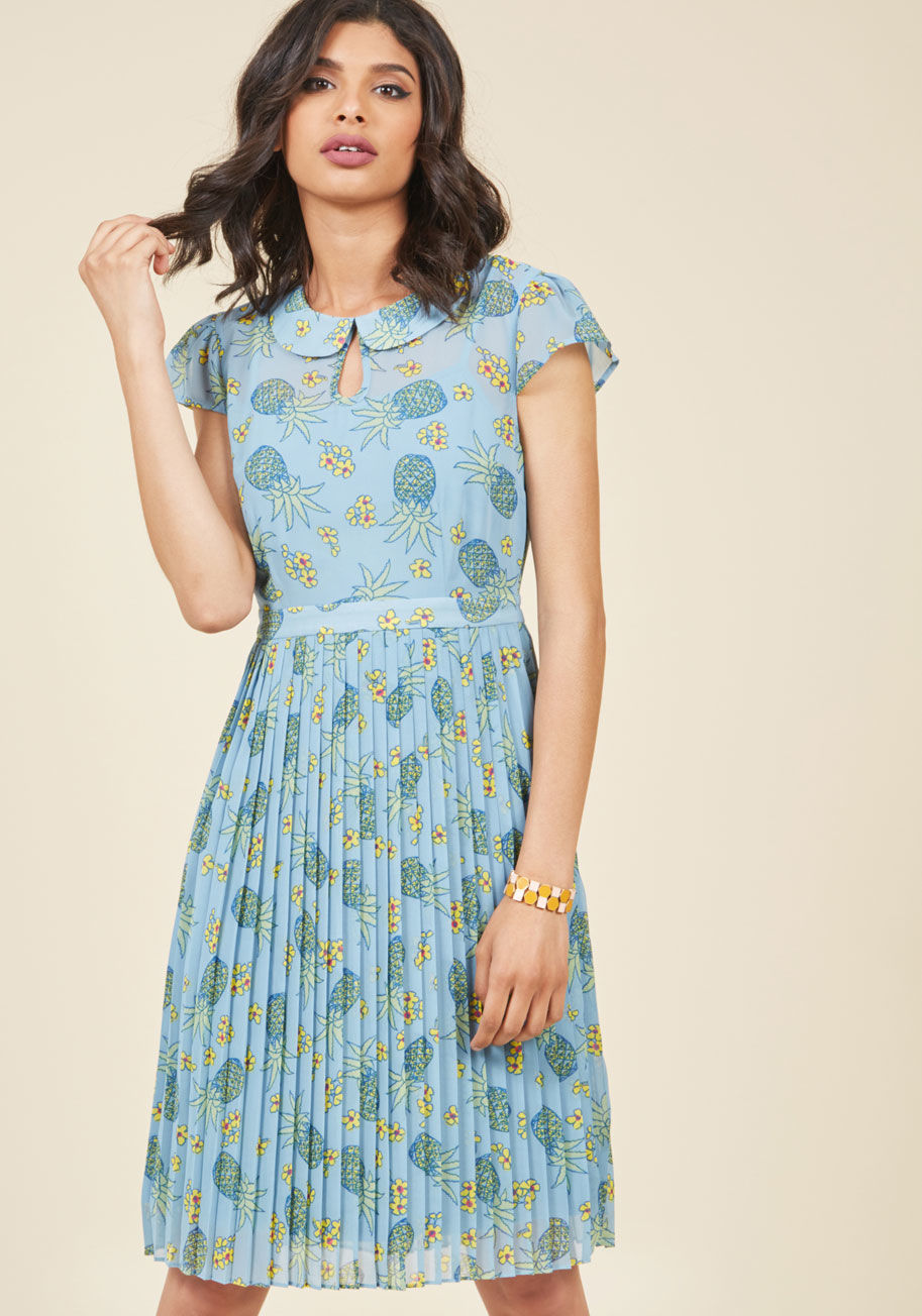 MCD1296A - This prim chiffon dress is just as fitting for Monday's lecture as it is for Friday's festivities! Part of our ModCloth namesake label, this light blue lovely uses a mint, yellow, and pink pineapple-and-flower print, a Peter Pan collar with a cute keyhole