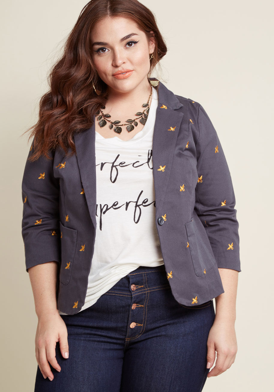 MCO1052C - Buzzing around for an ensemble so epic it'll be remembered aeons from its debut? This charcoal blazer from our ModCloth namesake label should do the trick! Made from stretch-cotton twill, this patch-pocketed, crop-sleeved wonder is embroidered with petite
