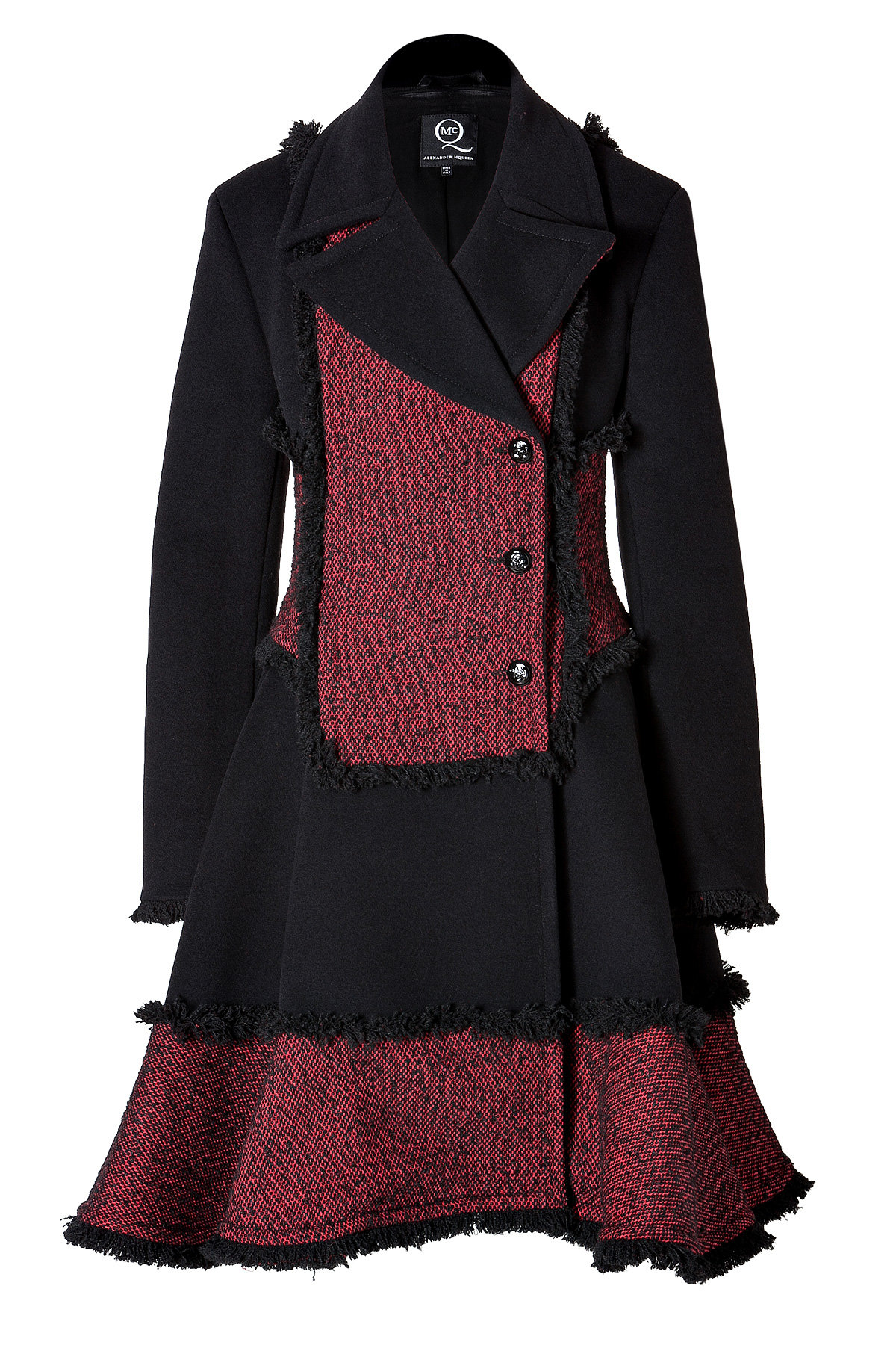 McQ Alexander McQueen - Wool Blend Fringed Coat in Red/Black
