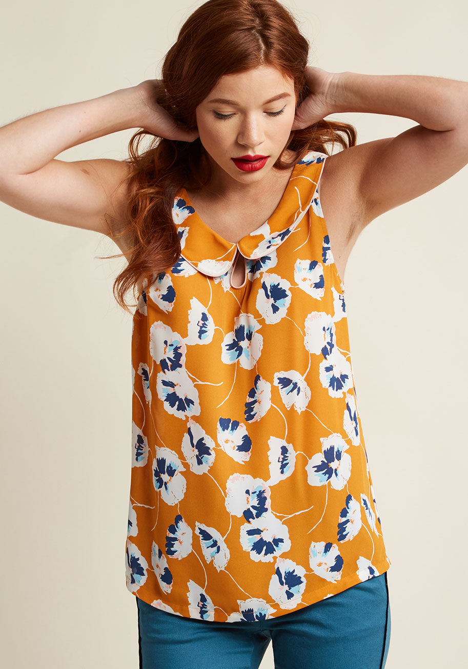 MCT1123F - With your dreamy fashion sense, envisioning your ideal ensemble is an all-day affair. This mustard blouse from our ModCloth namesake label brings those sartorial fantasies to life with its Peter Pan collar, sweet keyhole, and blue-and-white floral print -