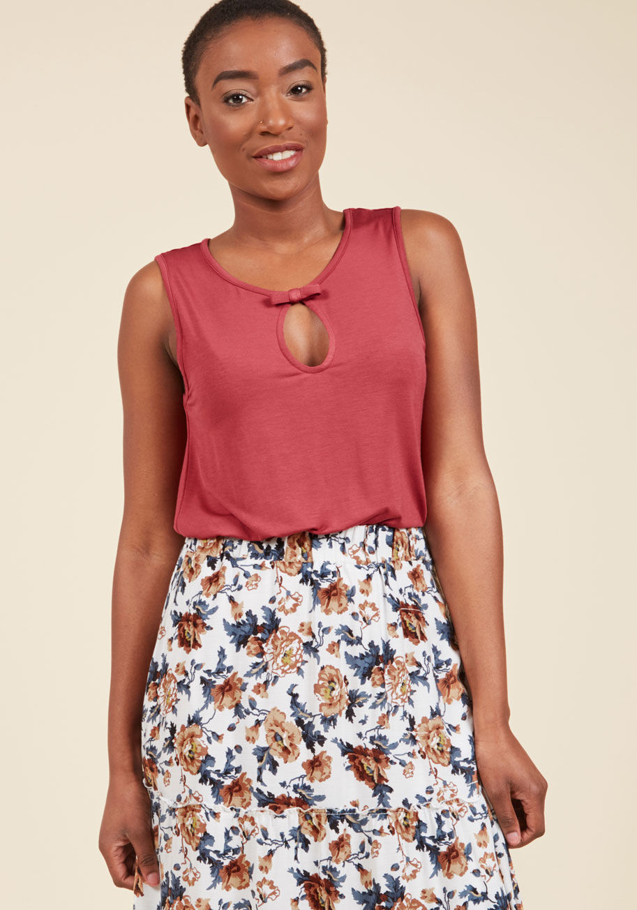 MCT1175 - Team up this muted red top from our ModCloth namesake label with your loveliest pieces for a look that feels like it's been your favorite forever! Casual outings, fancy affairs - you name it, and the bow-topped keyhole and versatile attitude of this jerse
