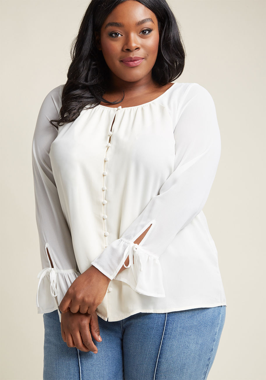 Mct1381 - Vintage-inspired elegantly meets modern on this ivory blouse - part of our ModCloth namesake label! With a delicately loop-buttoned front and delightfully tied-and-ruffled sleeve cuffs, this tasteful blouse offers a Victorian-esque vibe. Meanwhile, its ga