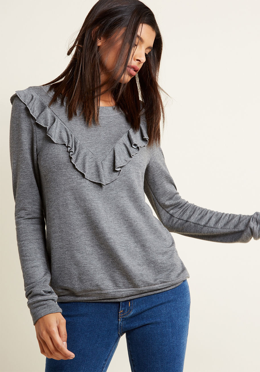 Mct1406 - Casual and chic are your favorite fashion-related words, and this grey pullover combines the two flawlessly! Flaunting a super-soft jersey knit and a super-cute ruffle creating a V on the front and back, this cute crew neck from our ModCloth namesake labe