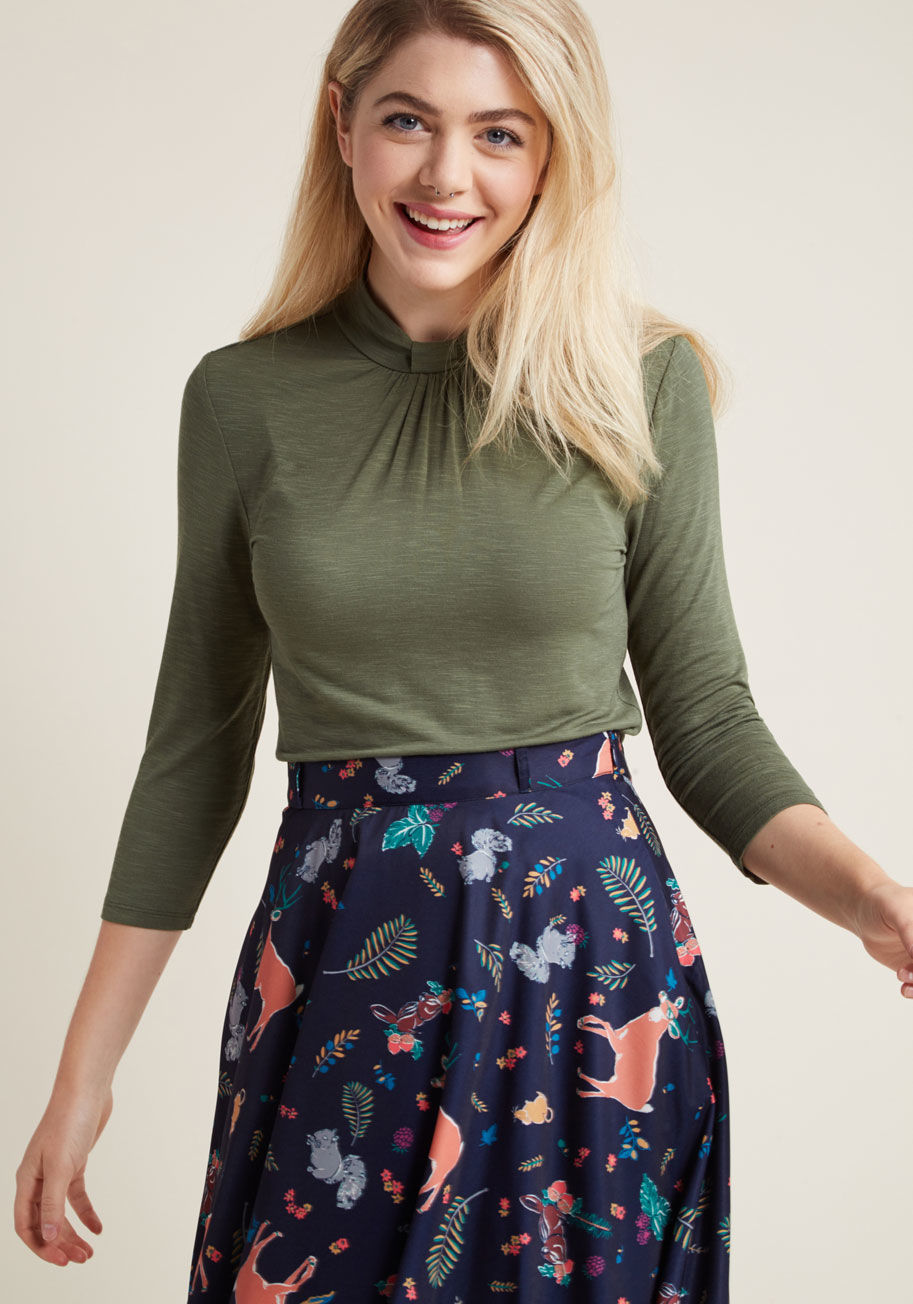 Oh my elegance! This green top from our ModCloth namesake label sure packs a polished punch with its high, knotted neckline - fastened by a keyhole closure - its cropped sleeves, its ultra-soft, lightweight knit fabric, and its faint heathering, all combi by Mct1428