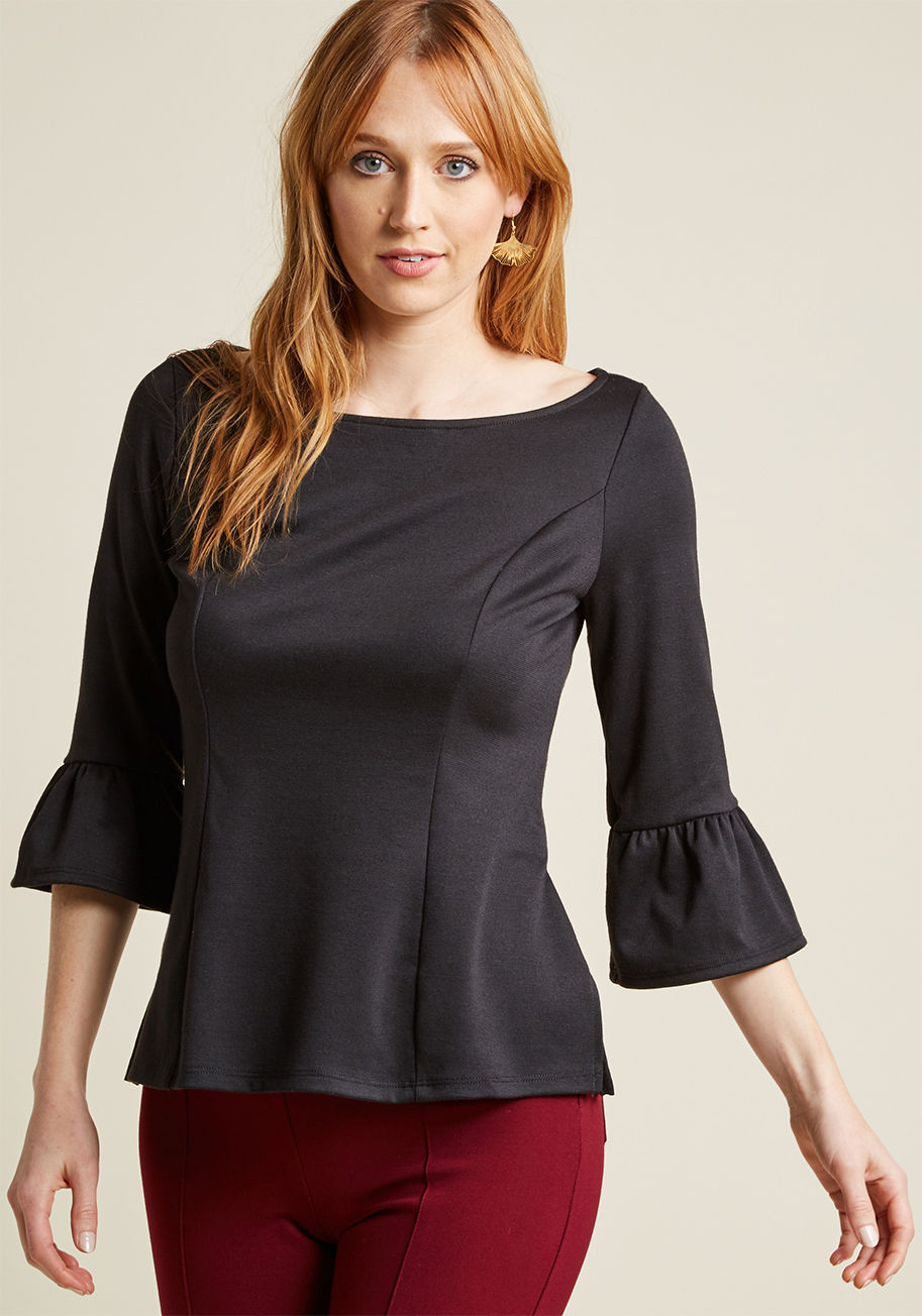 Mct1432 - Lean into those moments of nostalgia with the retro finesse of this black top! A casual-yet-chic offering from our ModCloth namesake label, this knit blouse gives a little something extra to your everyday ensembles with its sleek princess seams, cropped b