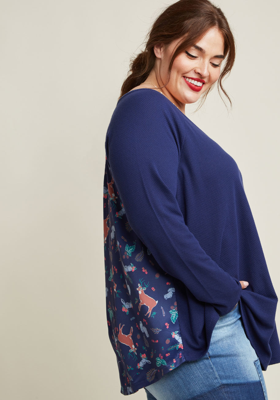 Mct1435b - A little bit cozy, a little bit quirky - this knit top from our ModCloth namesake label knows what you love, and gives you both! A solid navy front and sleeves - crafted from soft, waffle knit fabric - gives the illusion of a foundation piece, but a quick