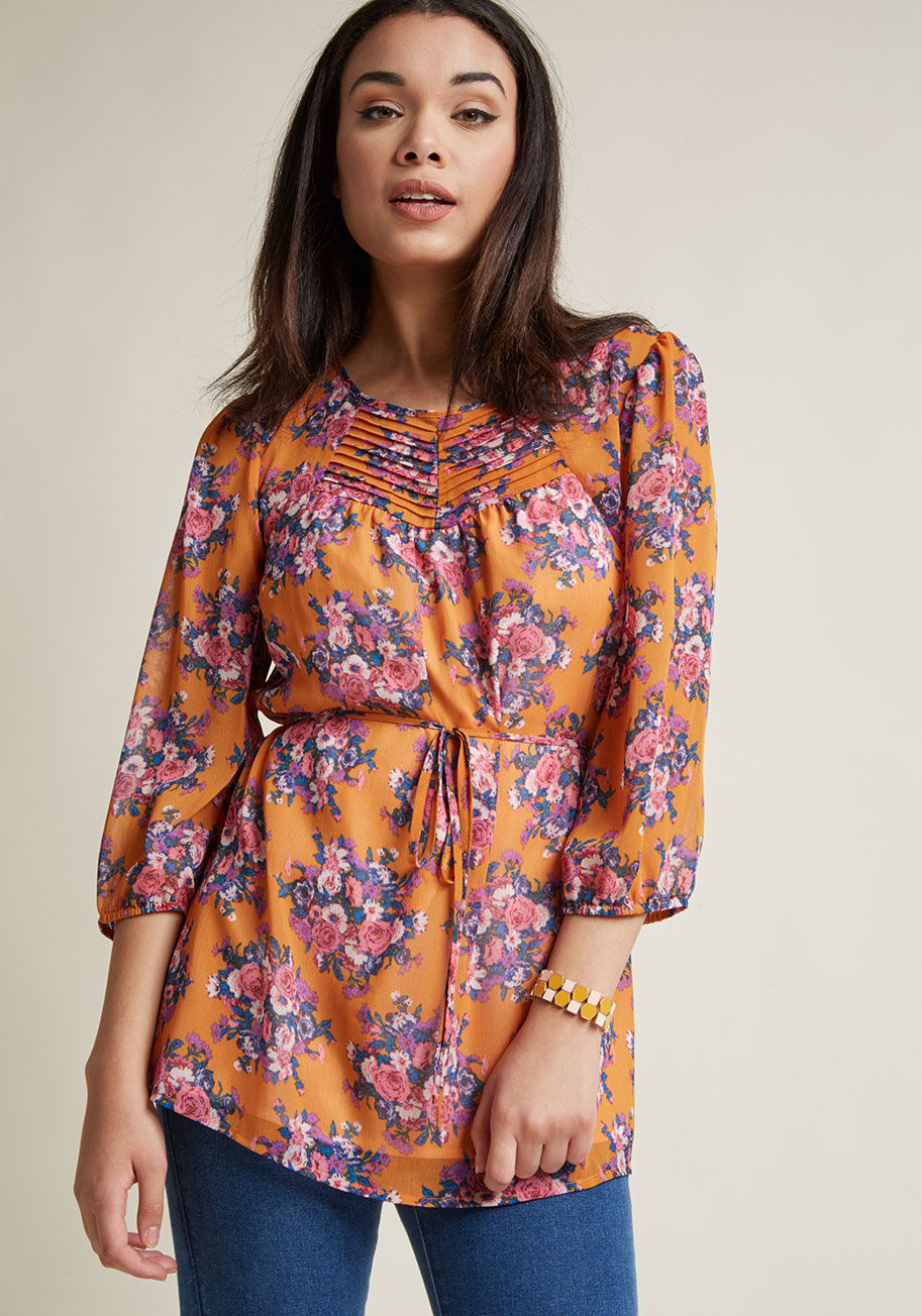 Mct1451 - This floral tunic from our ModCloth namesake label has so many details to discover, you'll love each one more than the last! Setting a stylish scene with its orange hue, this pastoral piece offers dimension with its sheer 3/4-sleeves, texture with its pin