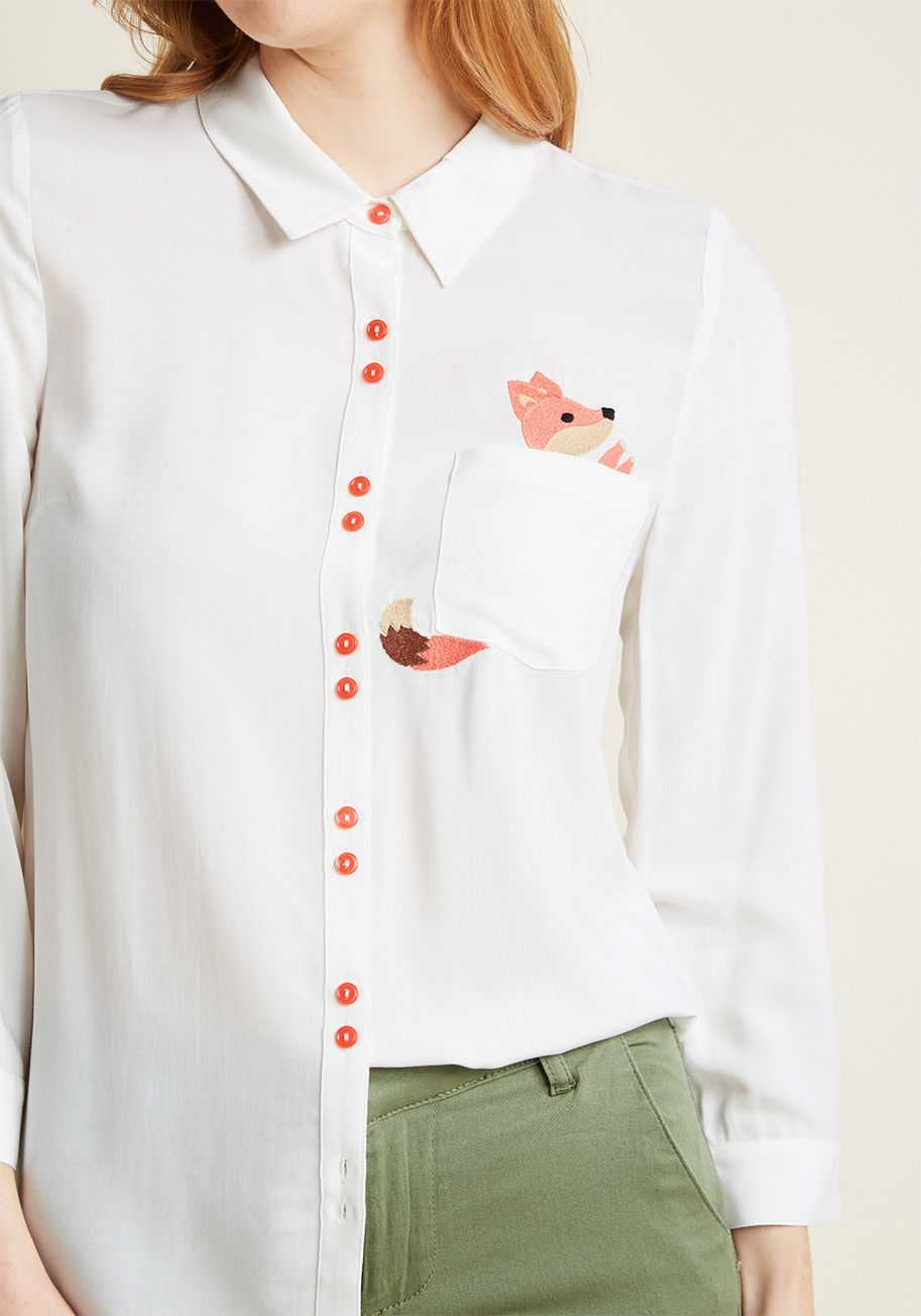 Mct1477 - This classic white button up from our ModCloth namesake label gets refreshed with a few sweet details - and we're here for it! Cropped sleeves kick off the awesome updates of this adorable blouse, followed by shiny pink buttons, a chest pocket, and a peek