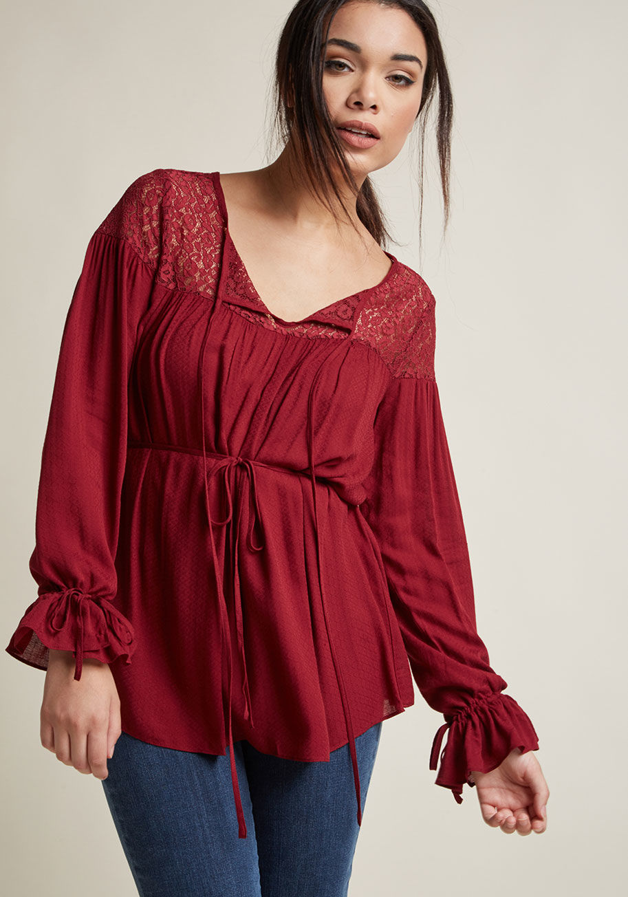 Mct1483 - Bring boho back with this casual burgundy blouse! Loveliness radiates from the sheer lace shoulders, gathered bustline, and finely woven fabric of this ModCloth namesake label top. Pairing a tied neckline keyhole, waist sash, and drawstring sleeves, this 