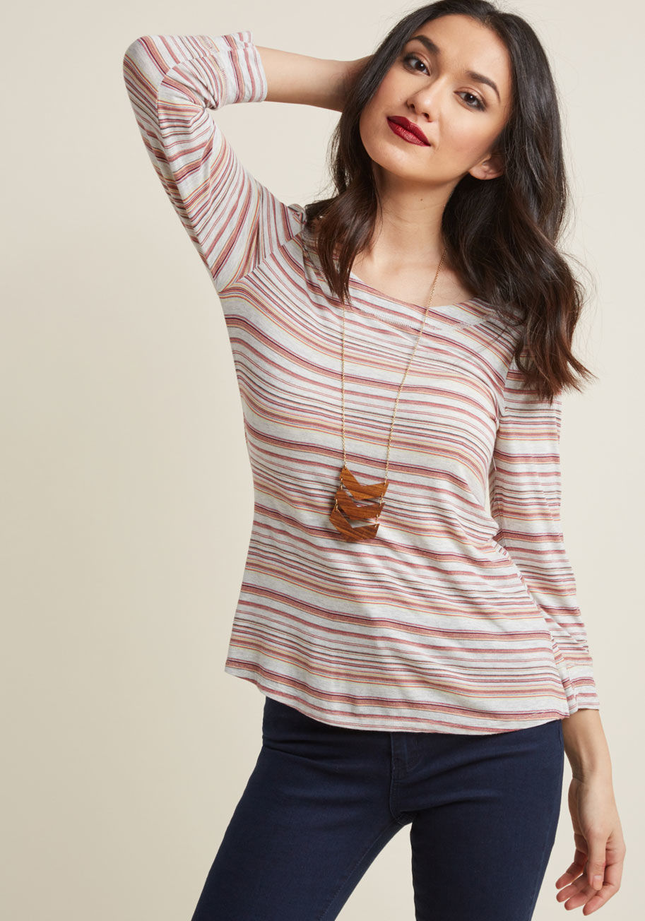 This lightweight knit top is one of those everyday ensemble elements that makes an average afternoon feel special! Its elegantly open neckline, sweet 3/4-length sleeves, and vented sides are just the start - the warm-toned stripes of this heather grey shi by MCT1513