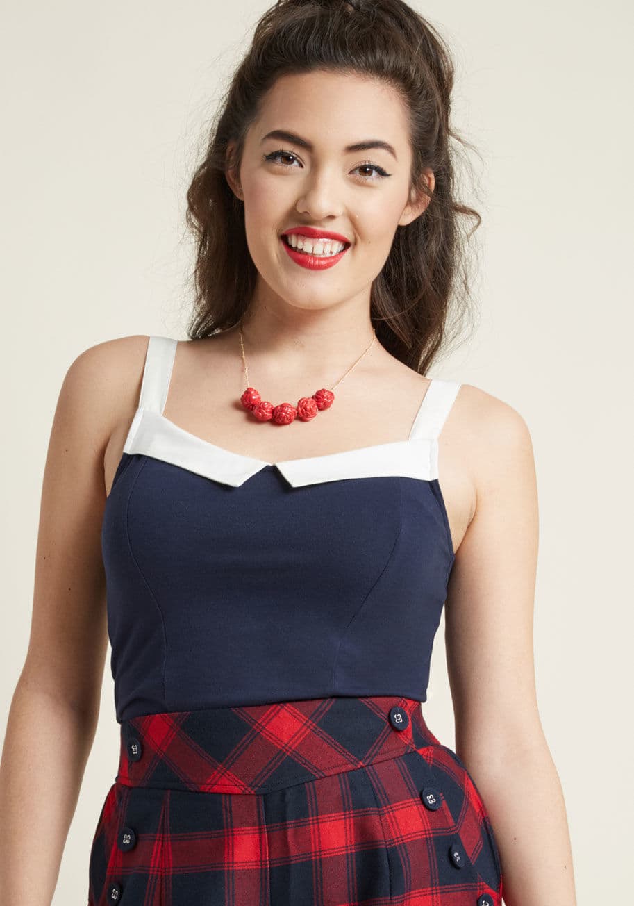 If you're anything like us, you adore a divine, vintage-inspired find. This navy tank top from our ModCloth namesake label is the treasure you've been craving, as evidenced by its pointed white collar and backside punctuated by anchor-detailed buttons - a by MCT1547