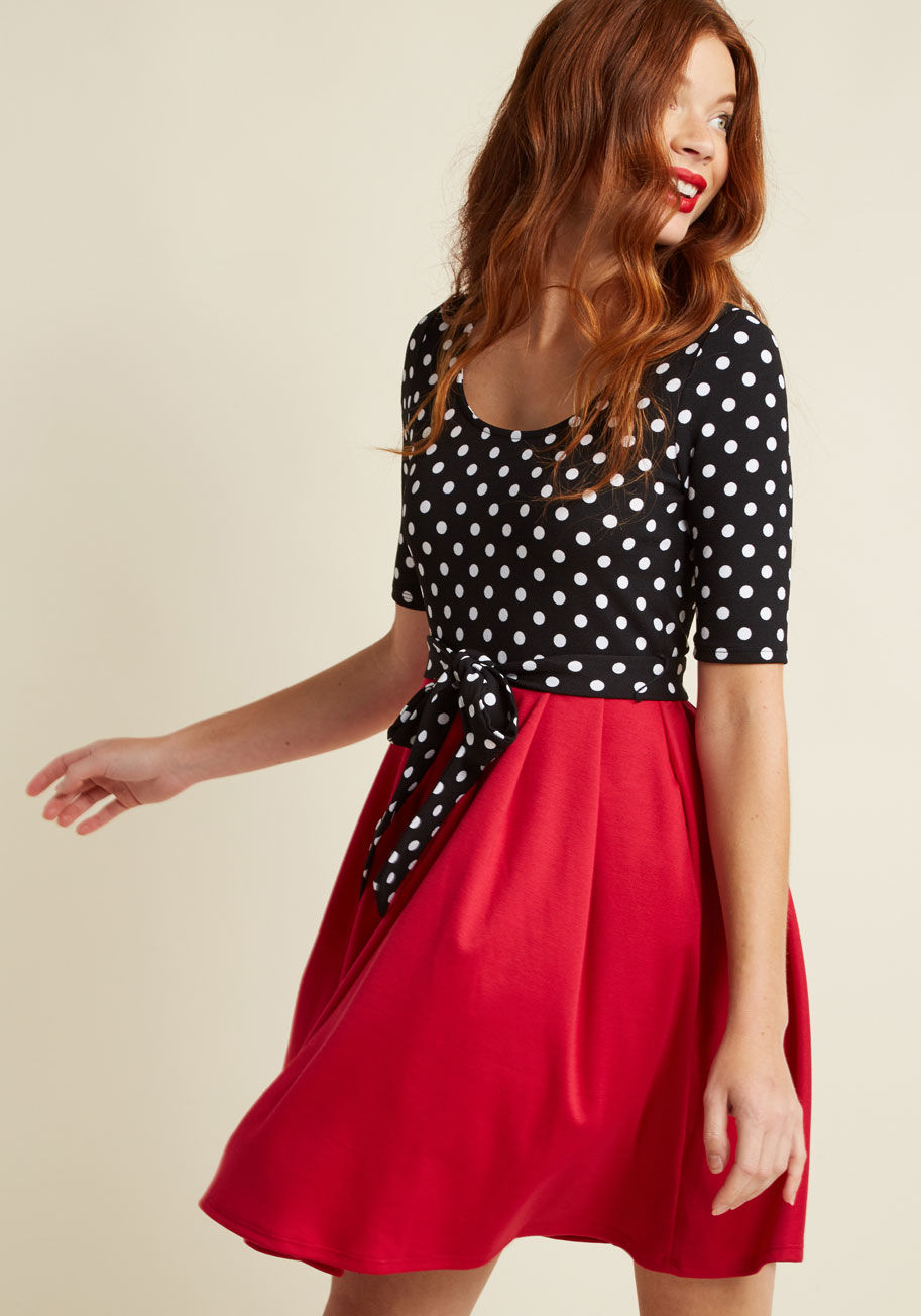 MDD1152 - You don&rsquo;t need to be a fortune teller to see that this twofer dress will become an integral part of your wardrobe! A ModCloth-exclusive design with trending potential, this pleated A-line - with its textured black fabric, white dots, cropped sleeves