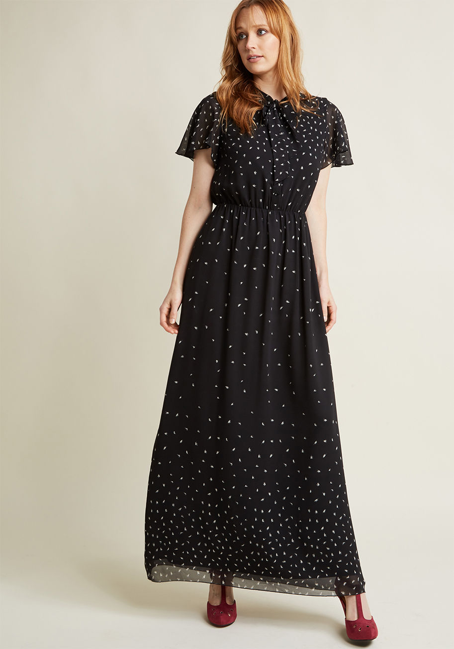 What good is a refreshing breeze without a flowy maxi dress to catch the draft? This black dress from our ModCloth namesake label turns to a tied neckline, flutter sleeves, and a light chiffon fabric to take care of all your gusty day needs. Plus, its but by MDD1196