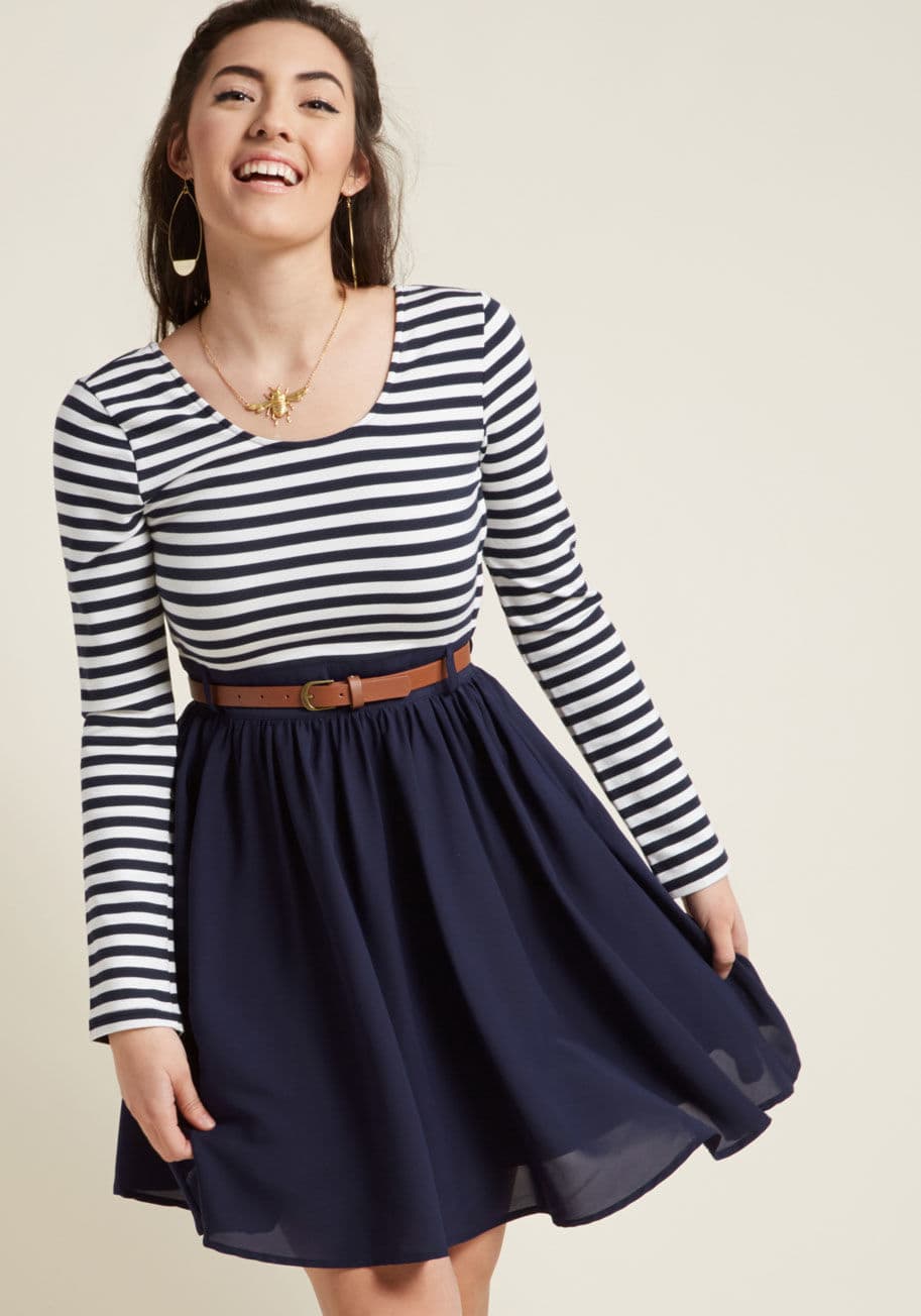 This long sleeve dress is triumphantly stylish, times two! A marvelous ModCloth exclusive, this belted A-line flaunts a thick knit bodice with navy and white stripes, a scoop neckline, and a chiffon skirt. You know, just the cutest details imaginable. by MDD1203