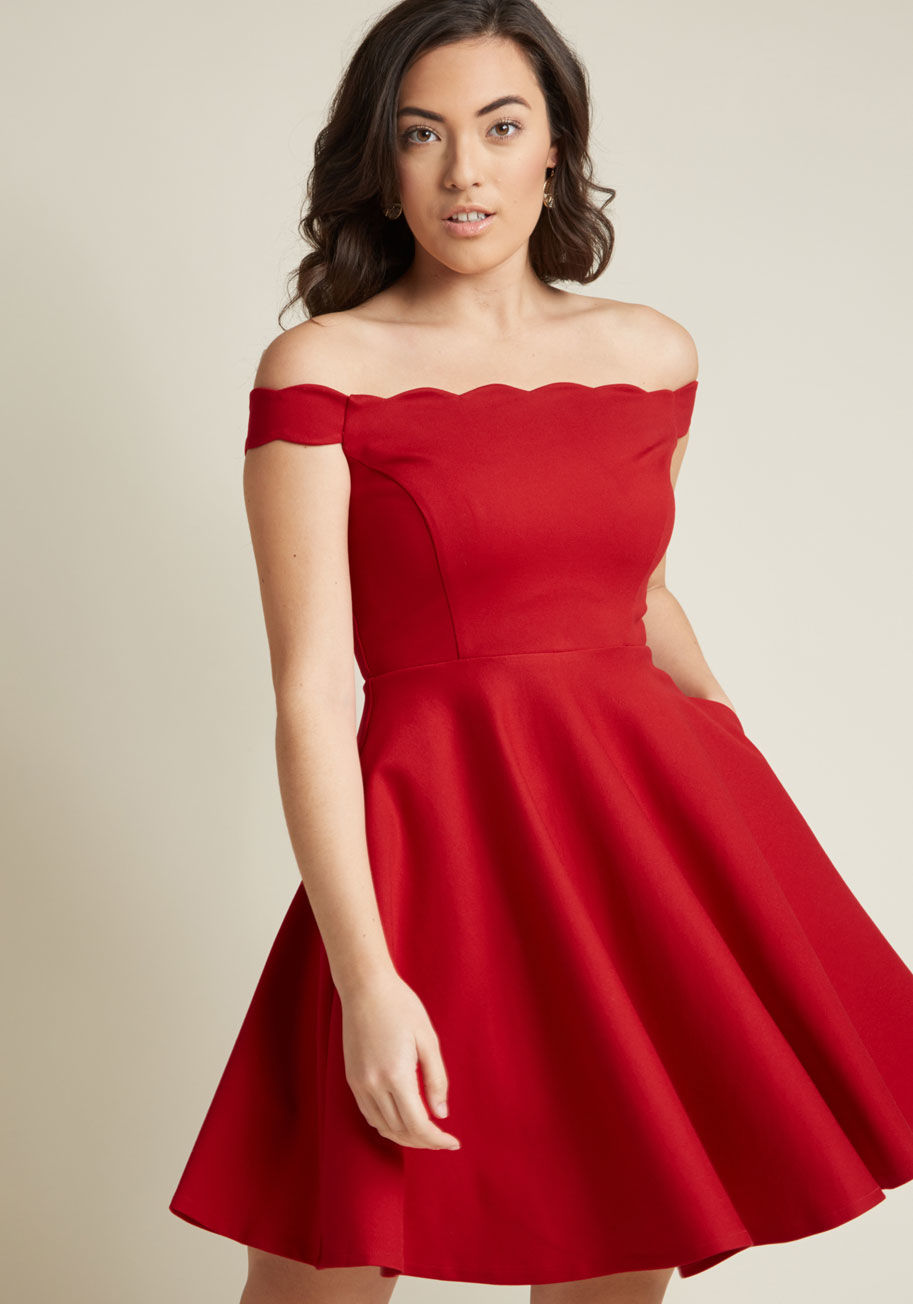 Classic, playful, and detailed to perfection, this red skater dress from our ModCloth namesake label sure is stunning! A foundation of soft-yet-substantial ponte knit fabric forms the scalloped off-the-shoulder straps, tailored bodice, and hidden pockets  by MDD1205