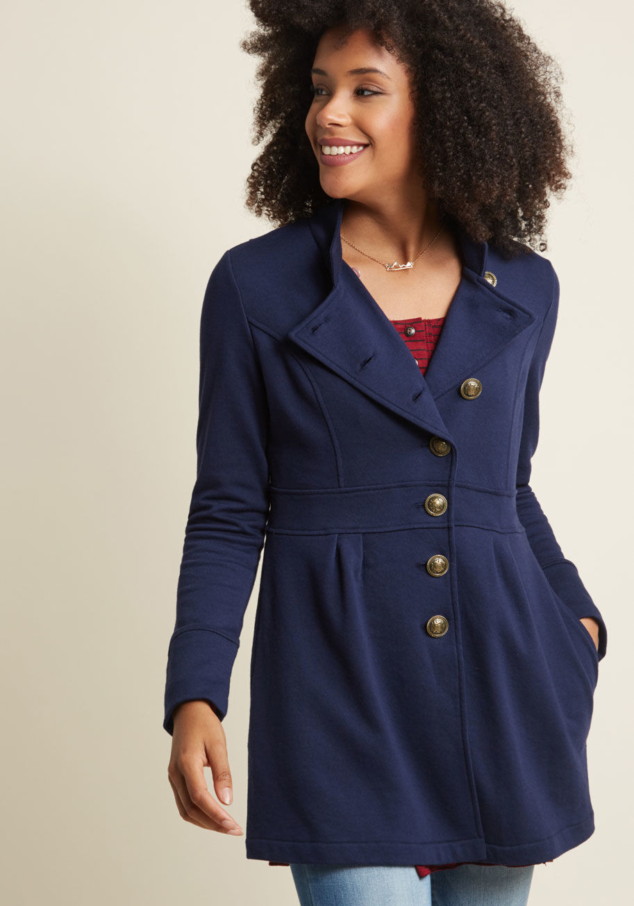 How will you flaunt this navy jacket from our ModCloth namesake label - halfway buttoned to reveal its lapels, or fastened all the way to its high neckline? There's also the option to wear this knit layer wide open with your hands snugly tucked inside its by MDO1023