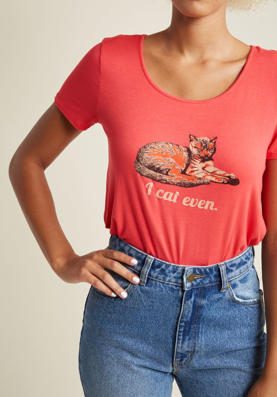 MDT1045Q - Unimpressed anything other than naps? So is the snoozing cat depicted on this red tee. With a soft jersey knit, a scoop neckline, and a sassy screen print, this ModCloth-exclusive concurs that being awake is boring. Ain't 'no-paw-dy' got time for that.
