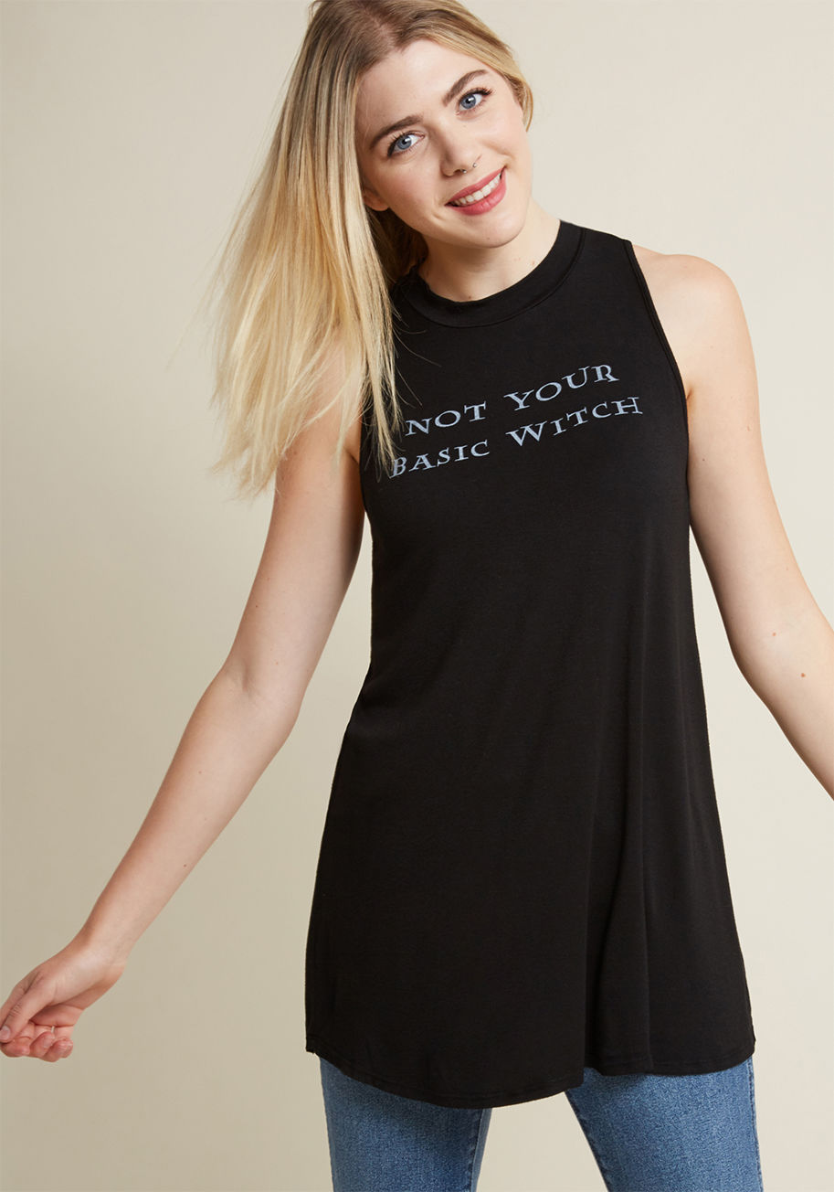 MDT1047H - From afar, you might look sweet and smiley, but deep down you possess utter enchantment. And, this black tank top is here to tell it! A ModCloth exclusive with a mock neckline, a flowy silhouette, and a magical font, this jersey knit tunic has what it tak