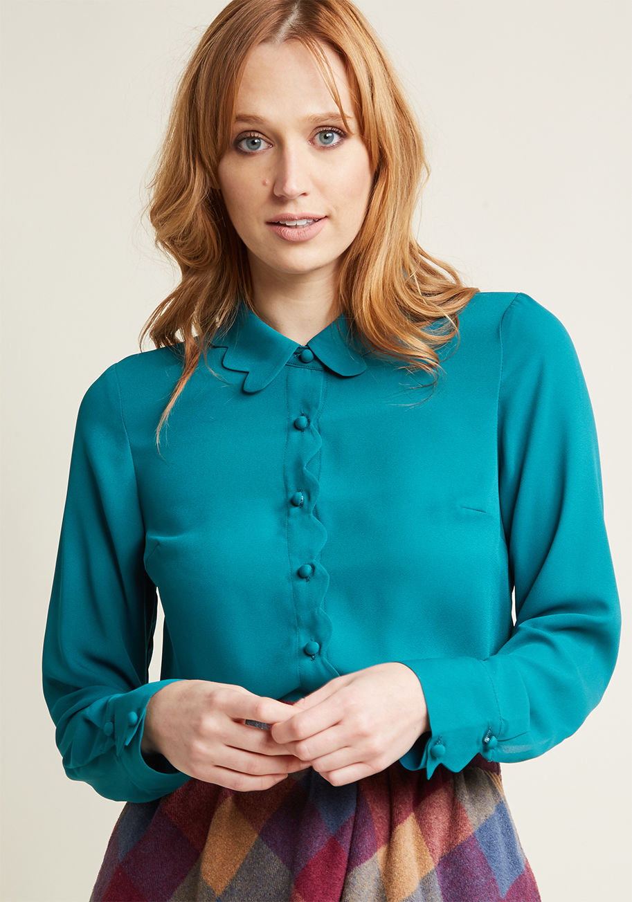 Mdt1140 - Cultivation and quirk come together to form this teal blouse from our ModCloth namesake label - and it's quite the chic chiffon piece! Adorable scallops at the collar, placket, and cuffs of this blouse refresh its classic silhouette, so you can appear pol