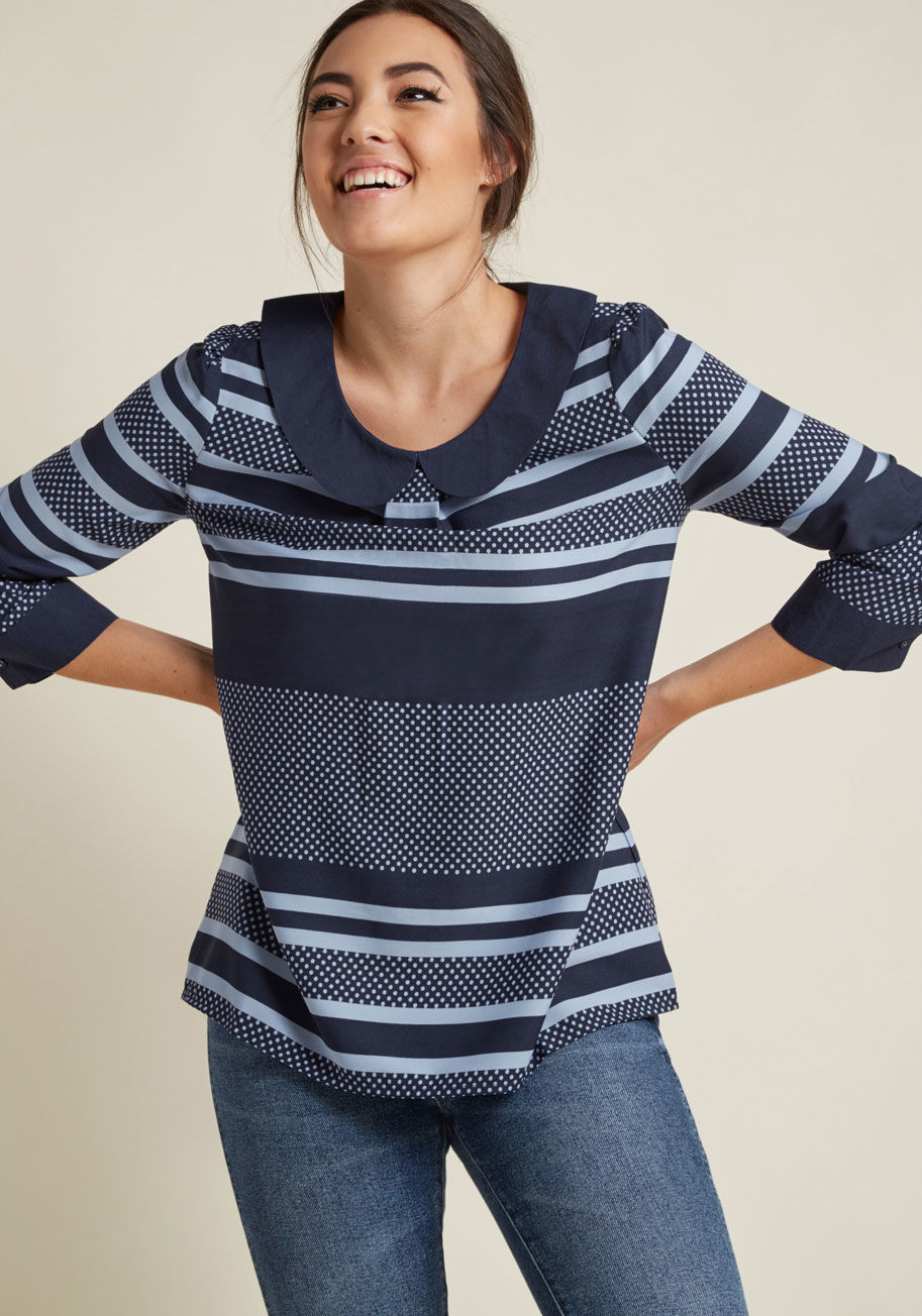 Mdt1163 - A simple mix of navy and blue prints makes this Peter Pan collar top a marvelous sight to see! Not only that, its buttoned back keyhole, front accent pleat, and 3/4-length sleeves are silhouette features that boost your look with brilliance. Now, get into