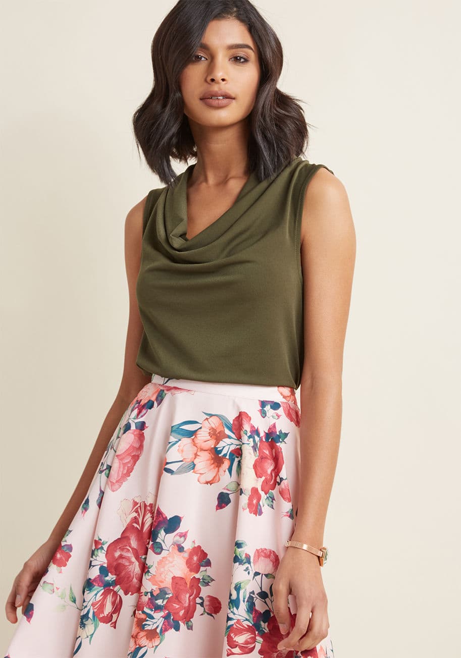 MDT1177 - From desk, to dinner, to dancing, this olive green blouse from our ModCloth namesake label keeps you looking chic at every stage of the itinerary. With its lovely draped neckline, sleeveless silhouette, and stretch-touched fabric, this versatile top is es