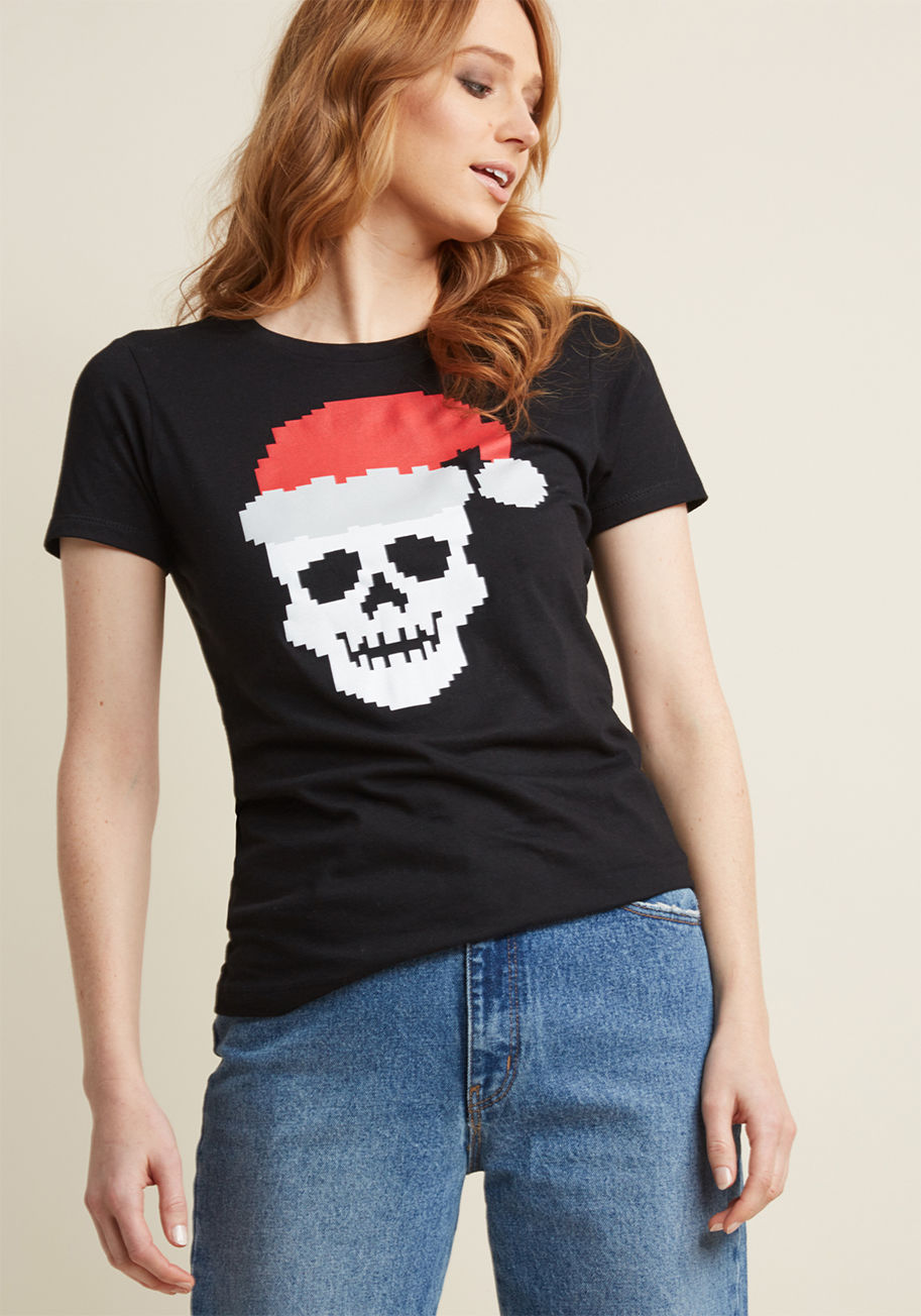 In your mind, mistletoe and macabre mingle delightfully - and, the two are 'merried' together on this black graphic T-shirt! This ModCloth exclusive is printed with a pixelated skull sporting a Santa hat. It may be unconventional, but it sure is festive! by Merry Bitmas