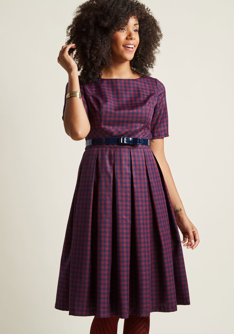 Belted Boat Neck A-Line Dress by ModCloth