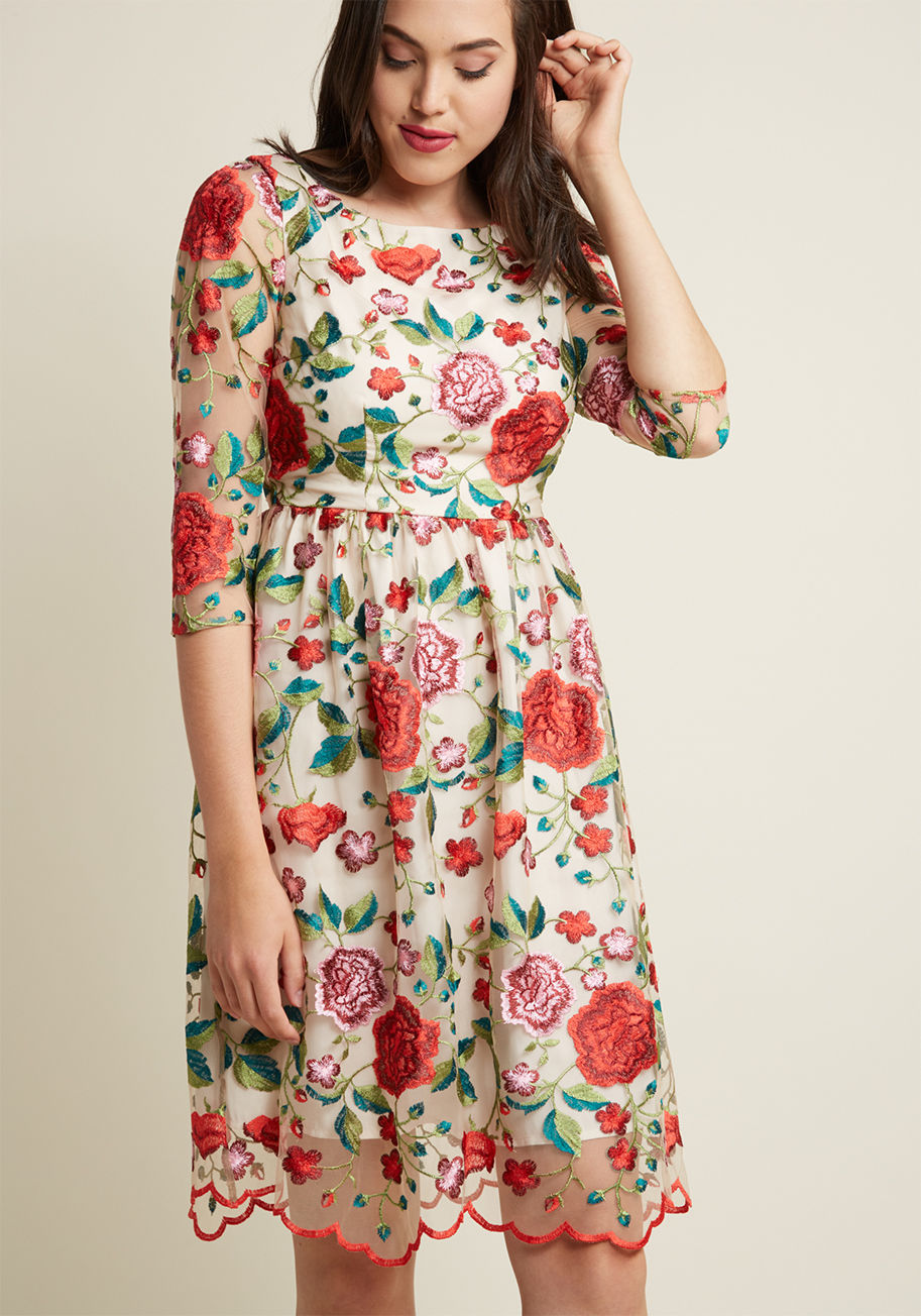 Embroidered Garden Midi A-Line Dress by ModCloth