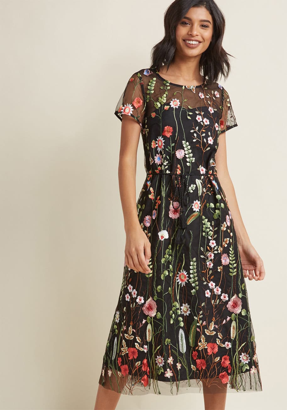 Floral Midi Dress with Embroidered Overlay by ModCloth