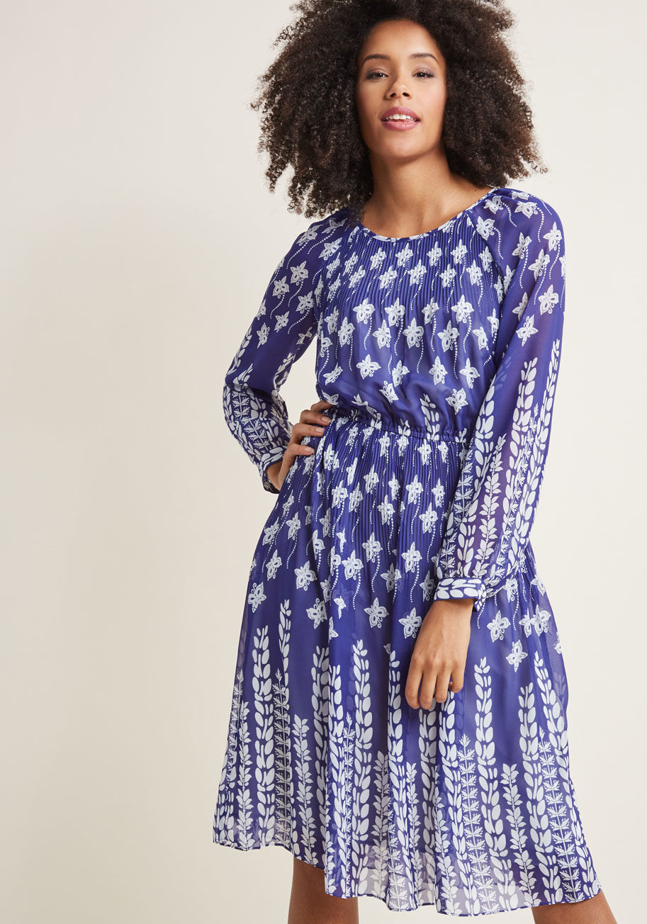 Long Sleeve Midi Dress with Gathered Waist by ModCloth