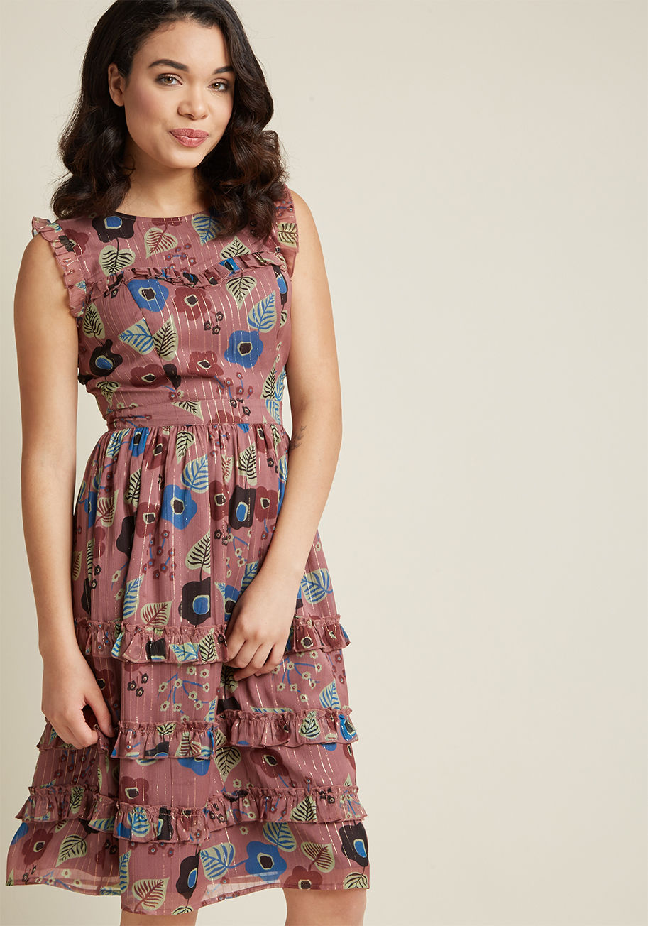 Ruffled Midi Dress with Metallic Accents by ModCloth