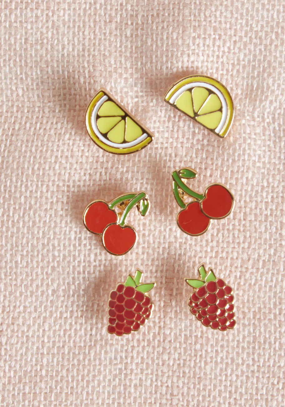 MTM11-3037 - We won't bother explaining these golden earrings away - their enamel-painted posts communicate their charm loud and clear! Flaunting mix-and-match pairs of grapes, cherries, and lemon wedges, this ModCloth-exclusive trio will add fun flavor to your fabulo