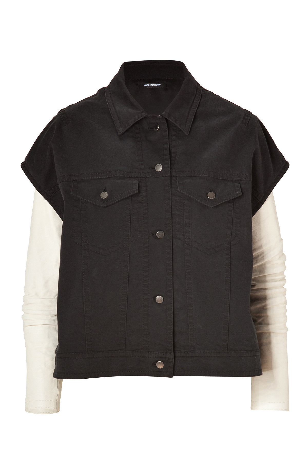 Charcoal/White Denim Vest-Jacket Combo with Leather Sleeves by Neil Barrett