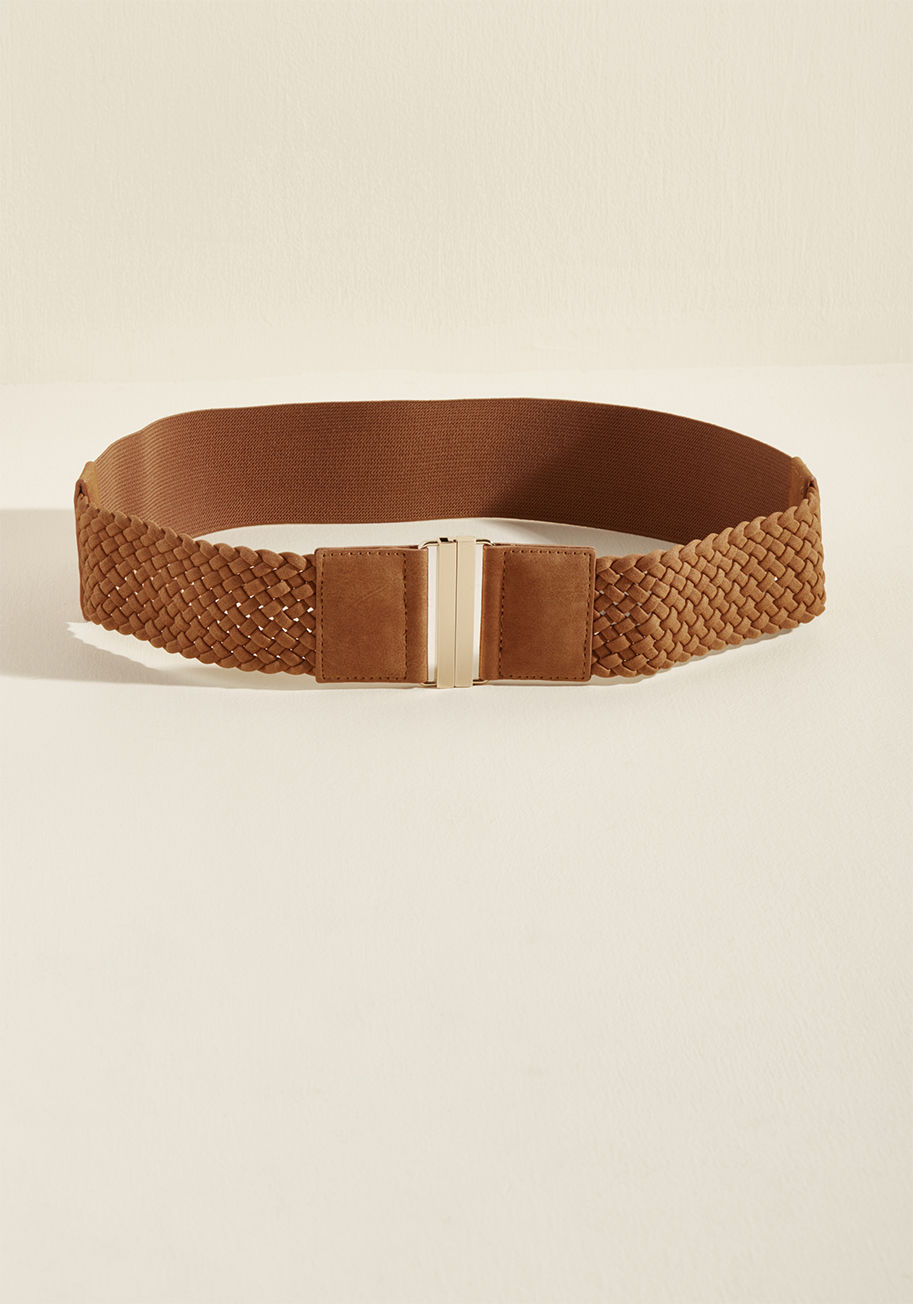 QSP-64935 - Just when you feel like your ensembles couldn't be improved, you discover this brown belt and everything changes. Detailed with a golden clasp, cozy stretch, and a basket woven design, this faux-suede waist accent will bring your outfits to the next level