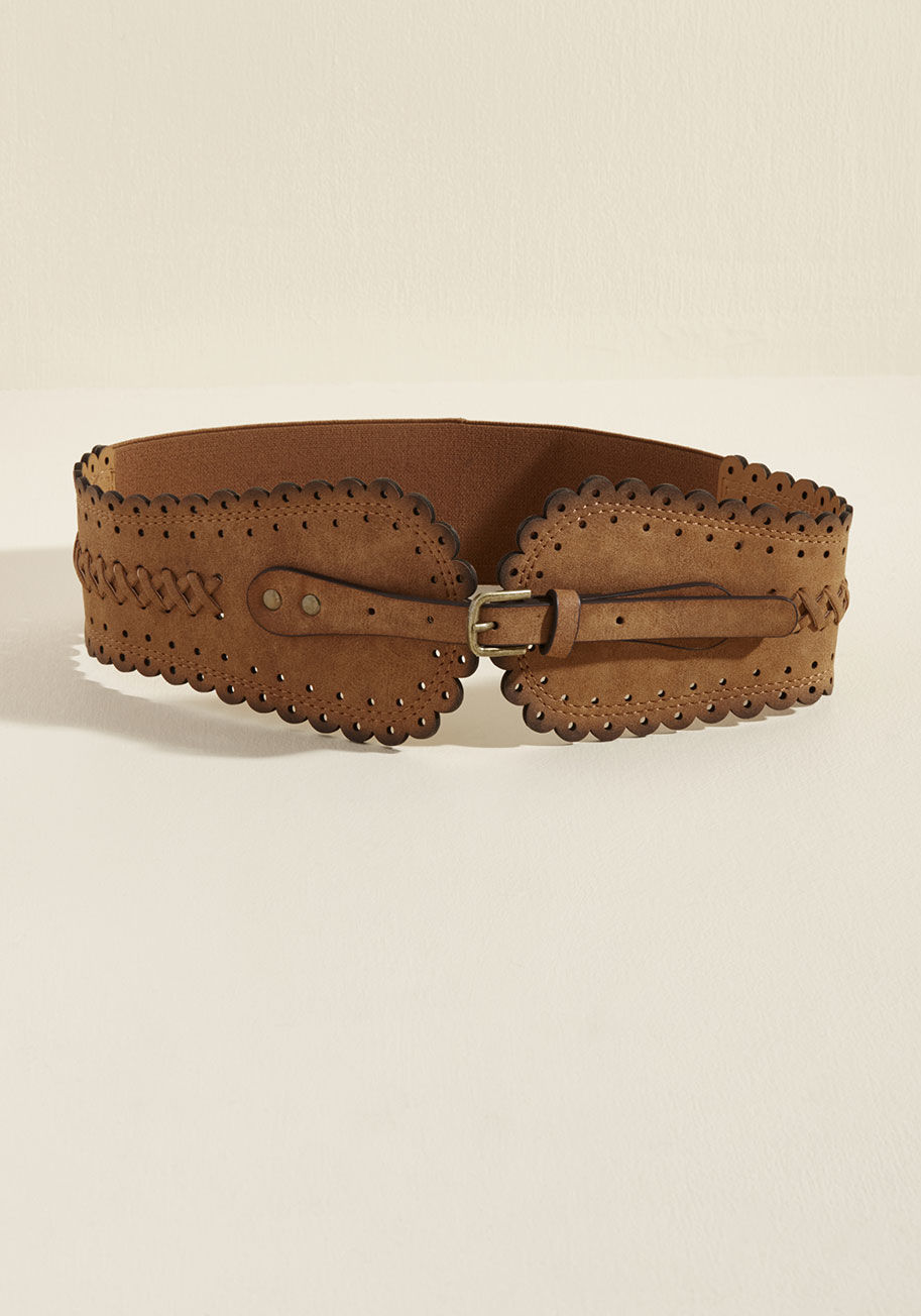 QSP-65228-B - Let others understand the intricacies of your style process through this brown belt! Darkened around the scalloped edges, accented with perforations, and whipstitched on either side of its buckled tab, this faux-leather piece helps everyone see you're the
