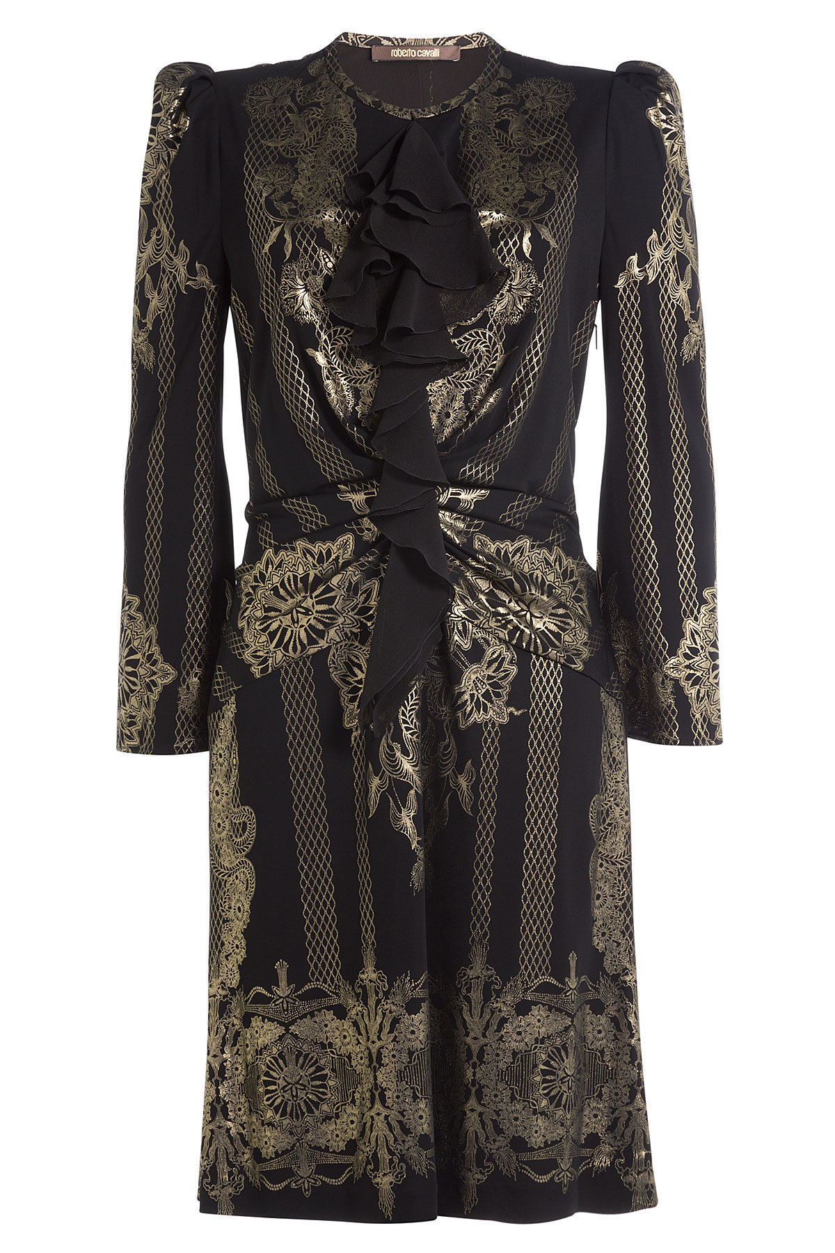 Roberto Cavalli - Dress with Ruffles and Metallic Gold Print