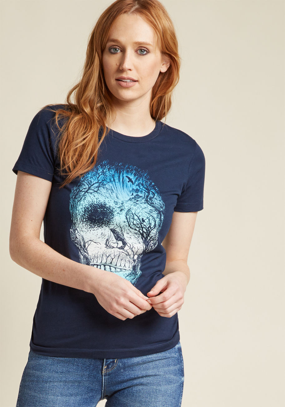 Skull Bridge - This navy graphic tee sure is more than meets the eye! At a distance, this cotton T-shirt looks like your average macabre masterpiece with its blue skull screen print, but upon closer inspection, its ModCloth-exclusive motif reveals a chilling outdoor sce