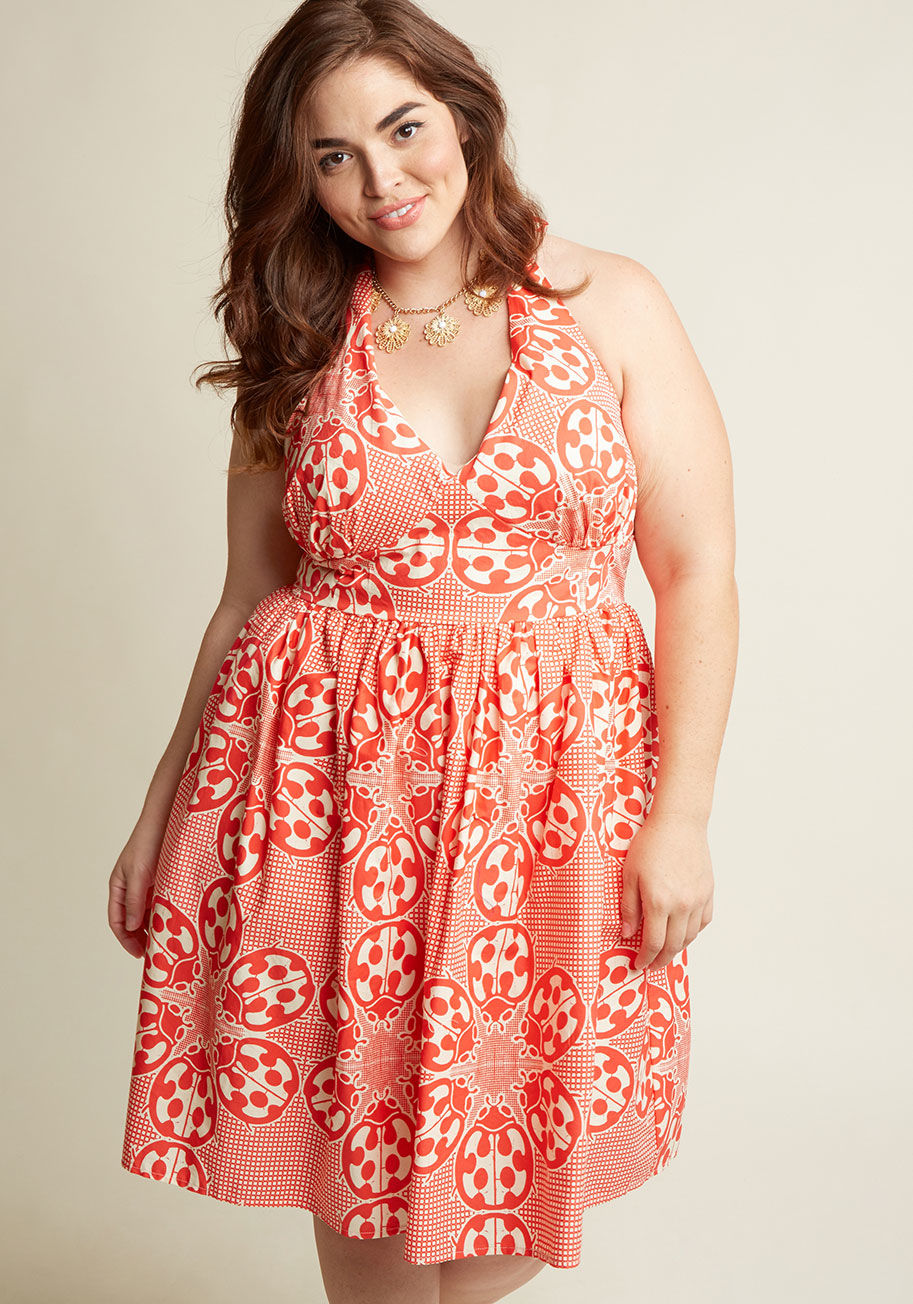 SP217MCD1258A - You&rsquo;re no stranger to fateful fashion finds, and this poppy red dress is consistent with your luck. An offering from our ModCloth namesake label, this fun fit and flare is equipped with a tied halter neckline, an empire waist, and an ivory accent pa