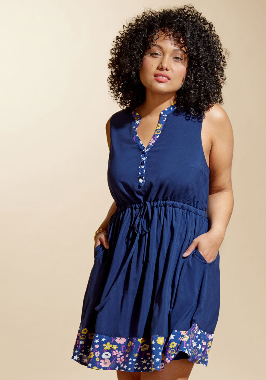 SP217MCD1289 - Sometimes it takes work to make a garment feel all your own, but never with this navy shirt dress from our ModCloth namesake label! A drawstring-cinched waist and a matching neckline, placket, and hem printed with colorful flowers and bright white stars p