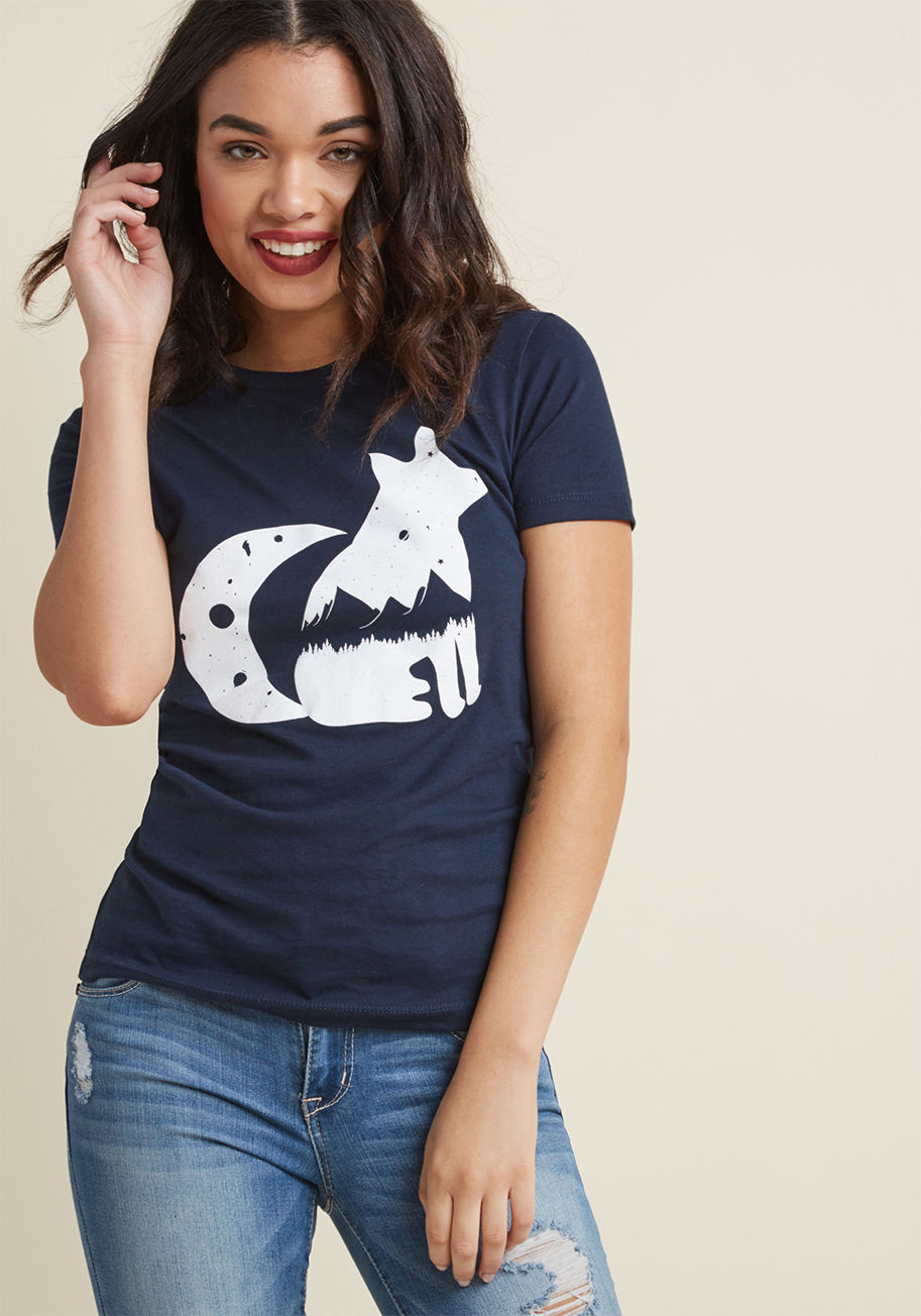 Star Fox - Dramatic landscapes, neverending skies, rarely seen wildlife - the white screen print on this navy blue, ModCloth-exclusive T-shirt incorporates all the elements of the Great Outdoors that keep you coming back!