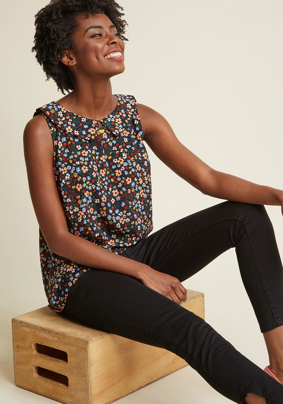 T306-07 - When you have to wear a spiffy ensemble but don&rsquo;t want to don a dress, choose this patterned top! With its black base tone and colorful floral pattern, curved collar, and smooth, woven fabric, this ModCloth-exclusive blouse shows that no stylish det