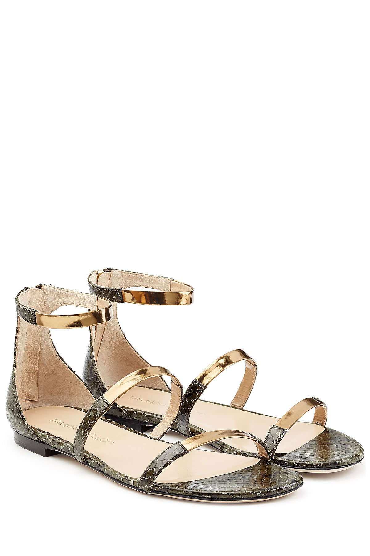 Tamara Mellon - Embossed Leather Flat Sandals with Metallic Straps