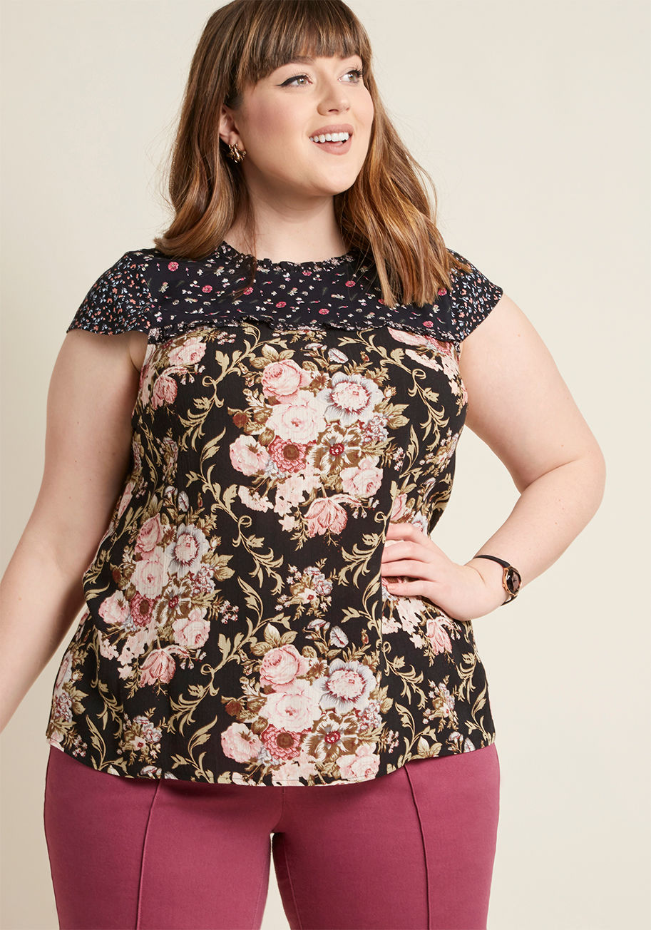 WT-21629 - Did someone say, frilly black top? We're all ears! This flirtatious, ModCloth-exclusive blouse is fixed up with a trio of pink-themed florals, a high neckline, a ruffle-trimmed yoke, a buttoned back keyhole, and cap sleeves - lively details that are easy 